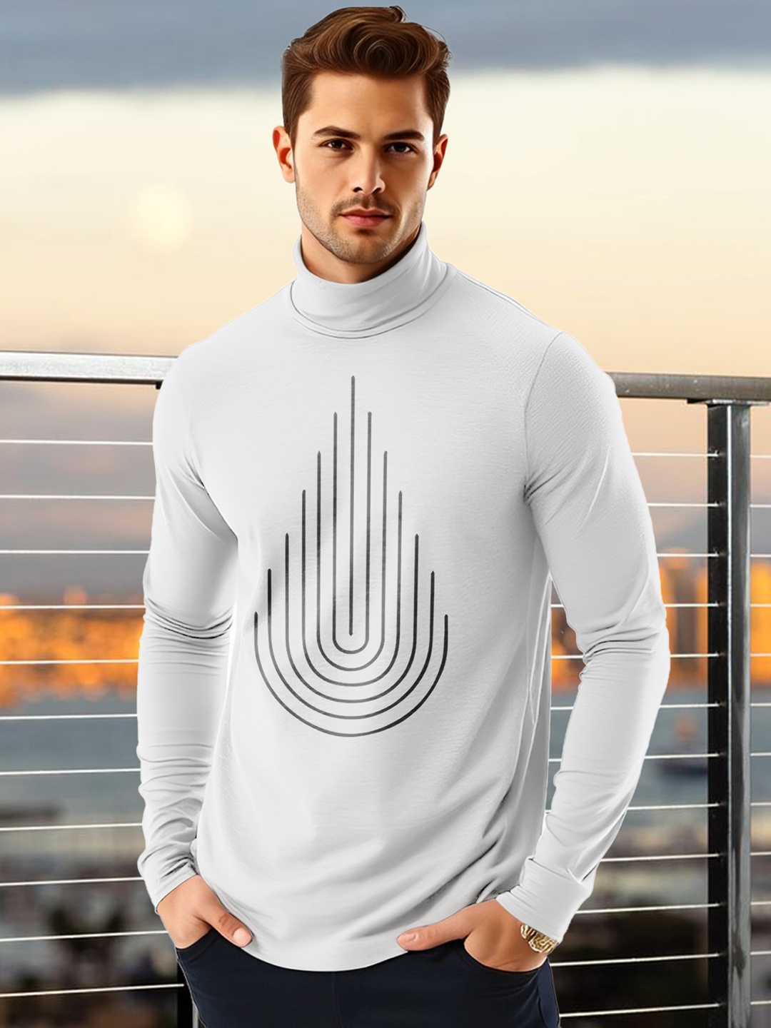 AUSK Men Geometric Printed High Neck Cotton T-shirt, White