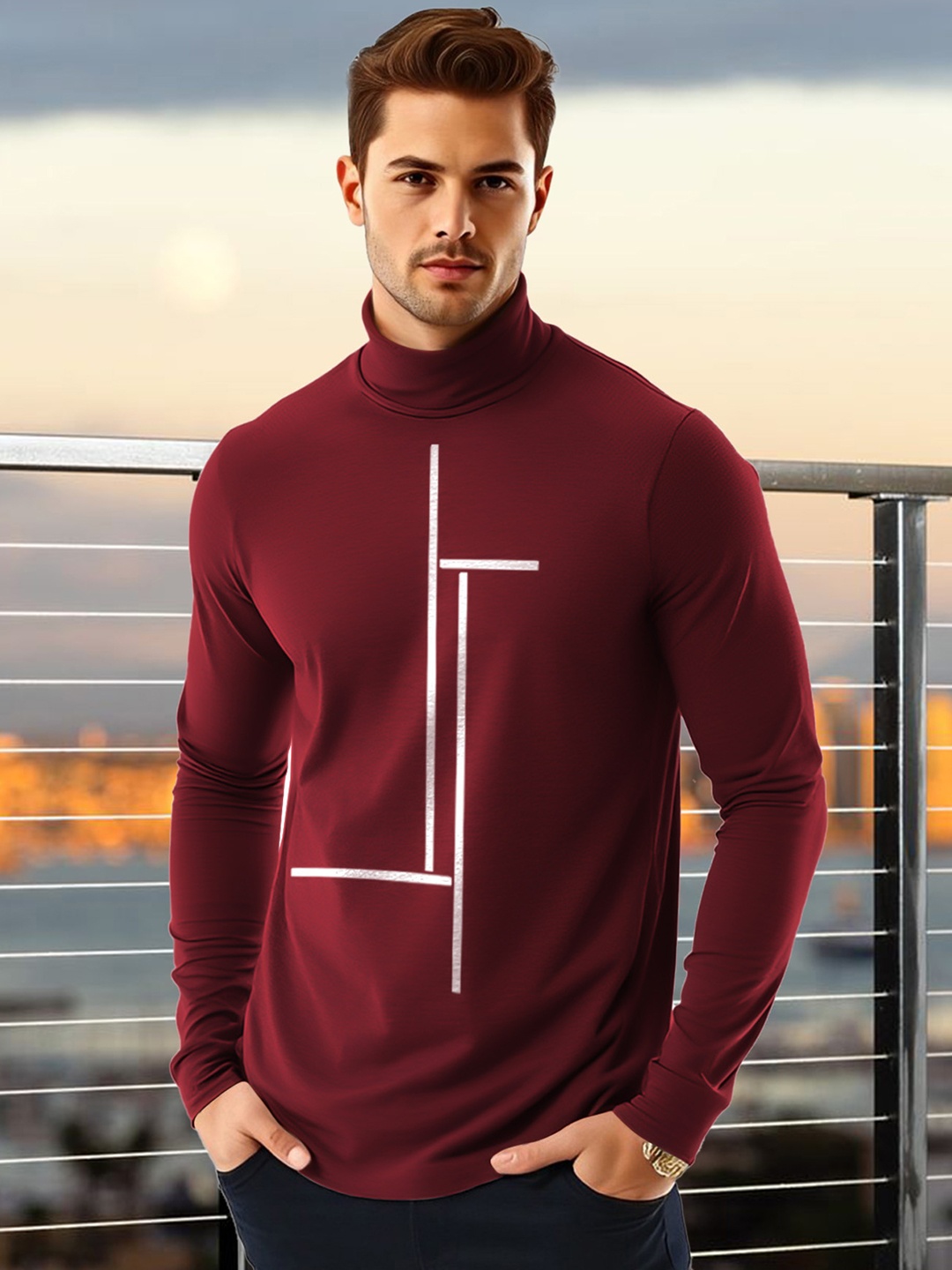 

AUSK Men Geometric Printed High Neck Cotton T-shirt, Maroon