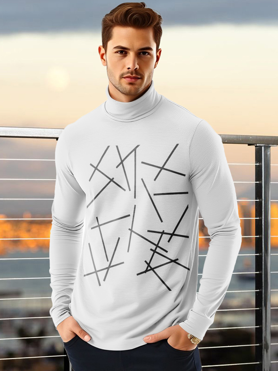 

AUSK Men Geometric Printed High Neck Cotton T-shirt, White