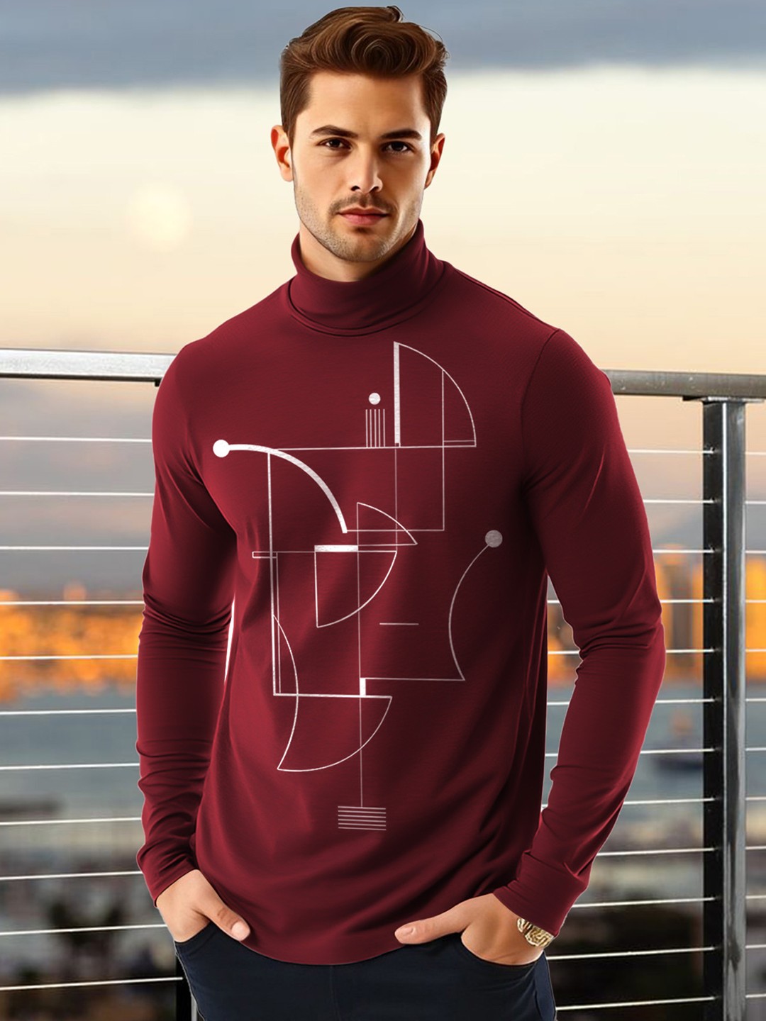 

AUSK Men Geometric Printed High Neck Cotton T-shirt, Maroon