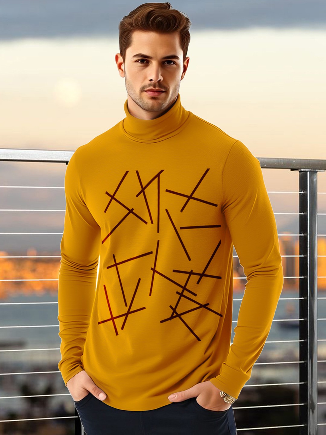 

AUSK Men Geometric Printed High Neck Cotton T-shirt, Mustard