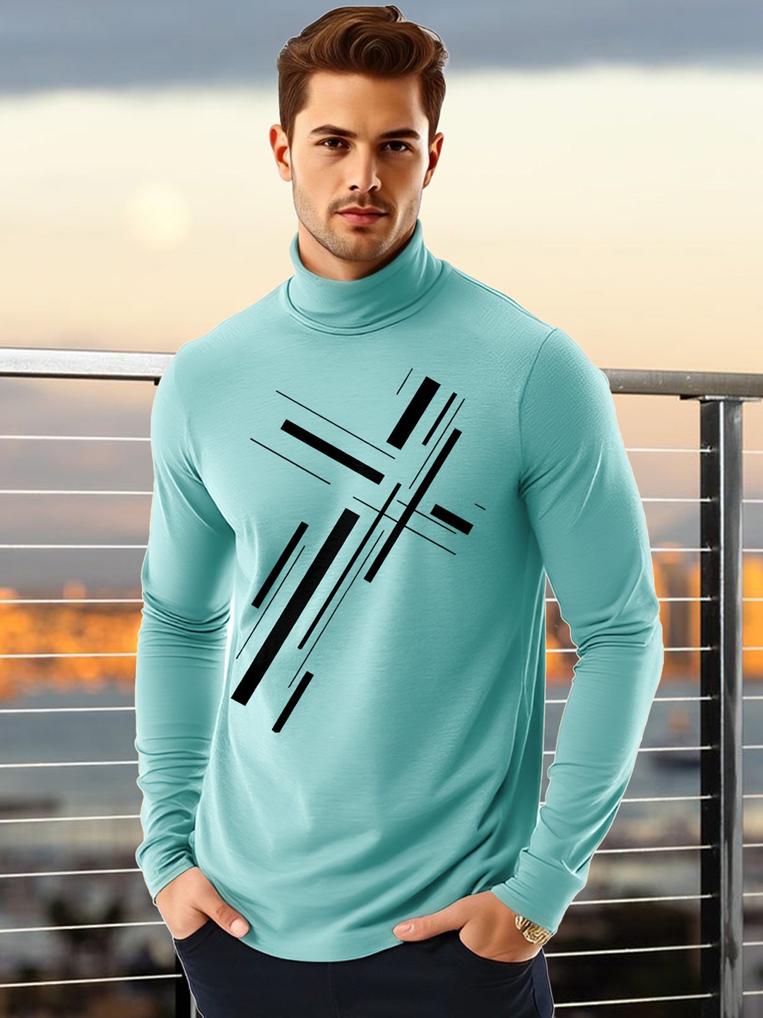 

AUSK Men Geometric Printed High Neck Cotton T-shirt, Sea green