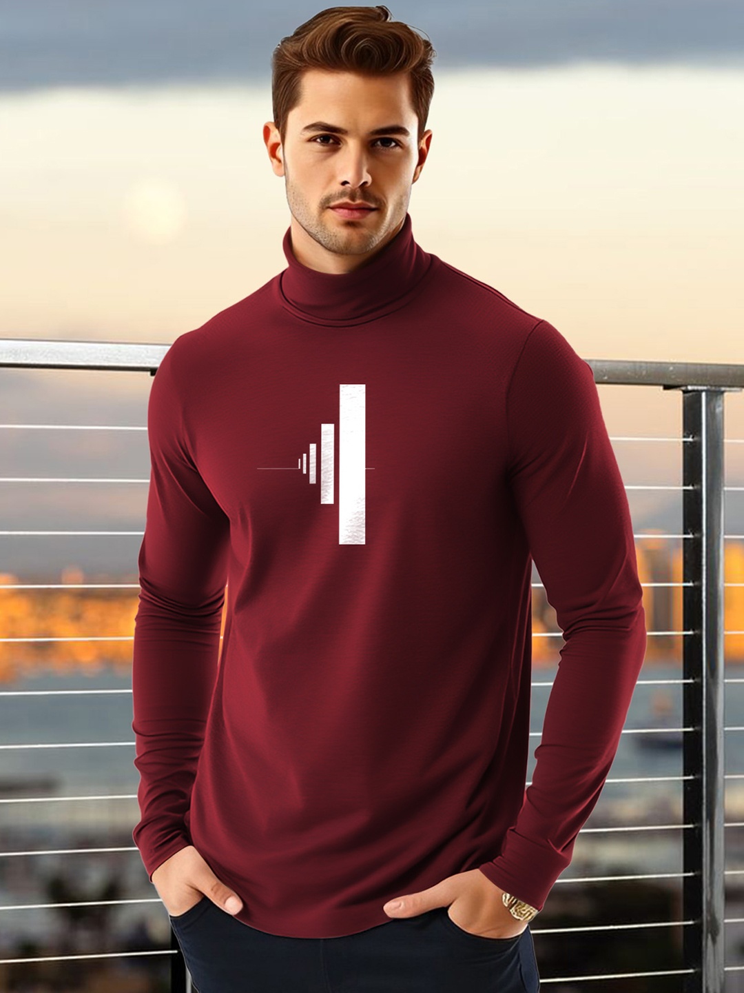 

AUSK Men Graphic Printed High Neck Cotton T-shirt, Maroon