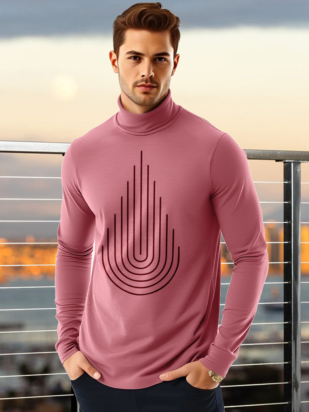 

AUSK Men Striped High Neck Cotton T-shirt, Peach