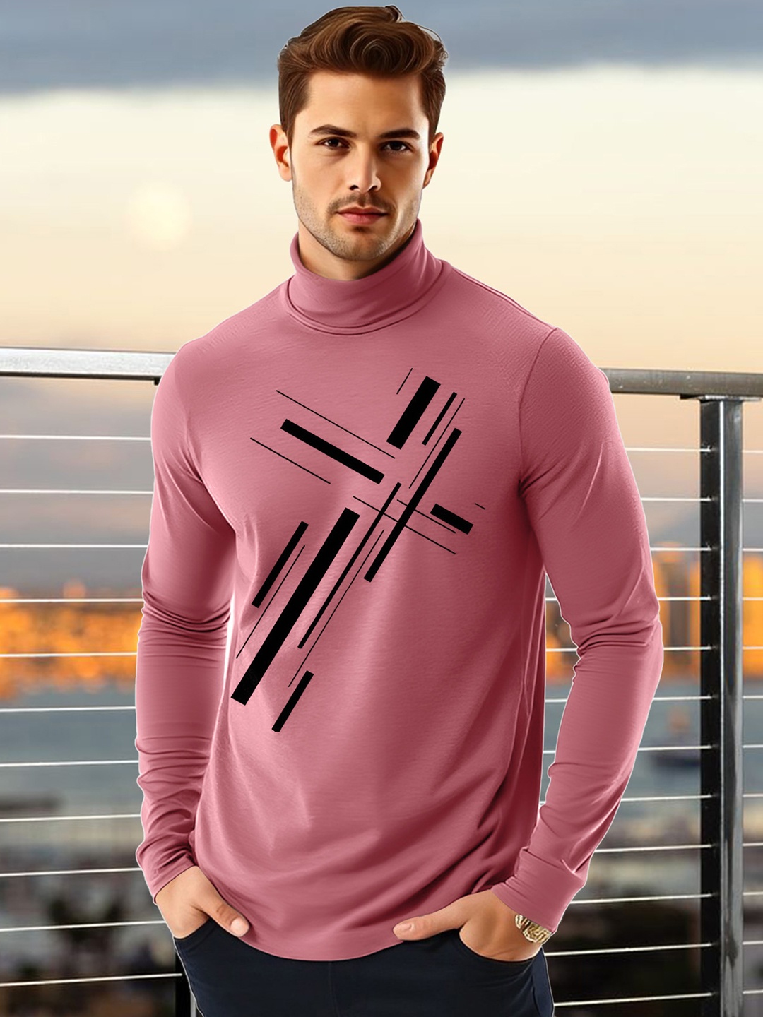 

AUSK Men Geometric Printed High Neck Cotton T-shirt, Peach