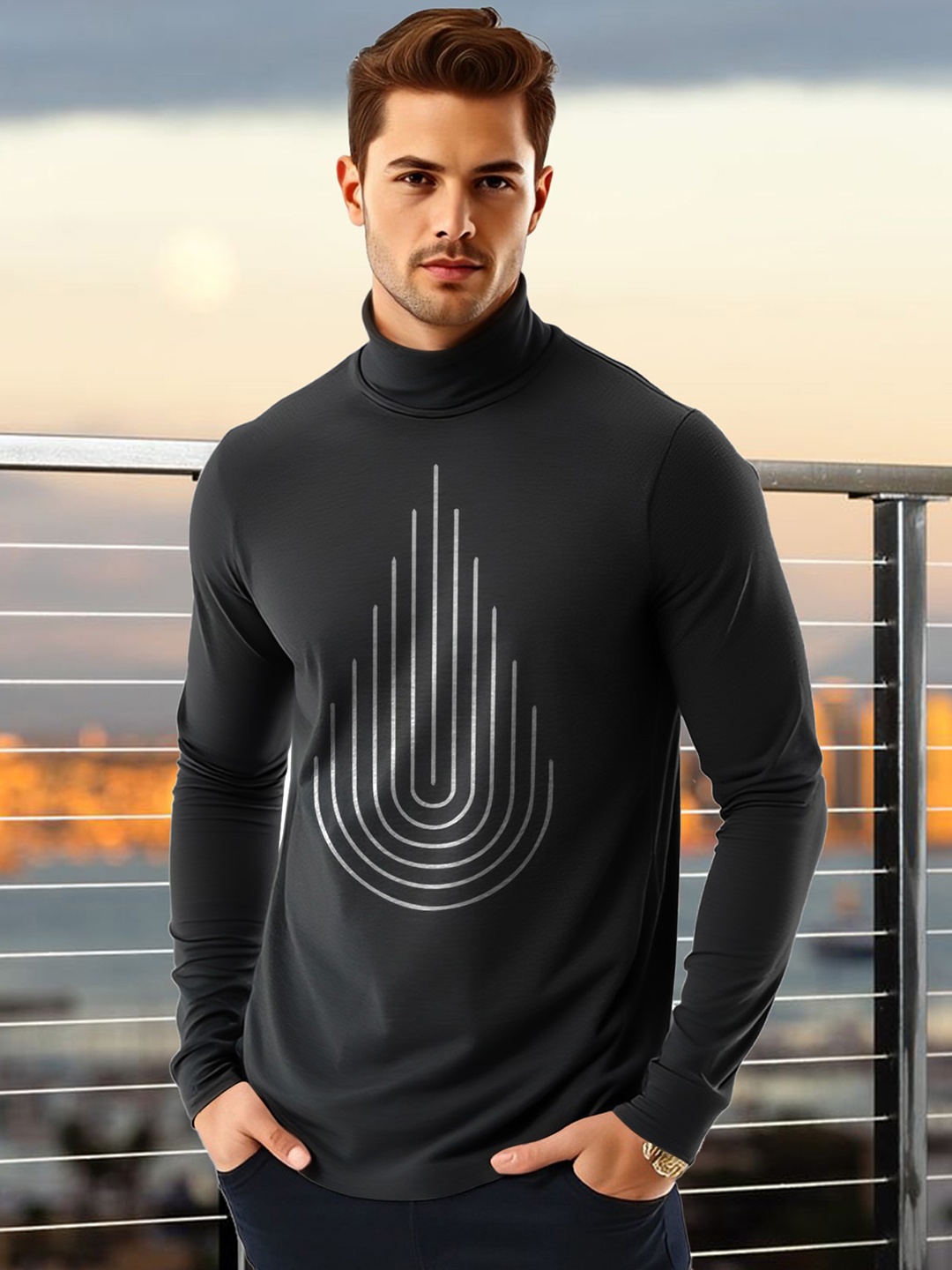 

AUSK Men Geometric Printed High Neck Cotton T-shirt, Black