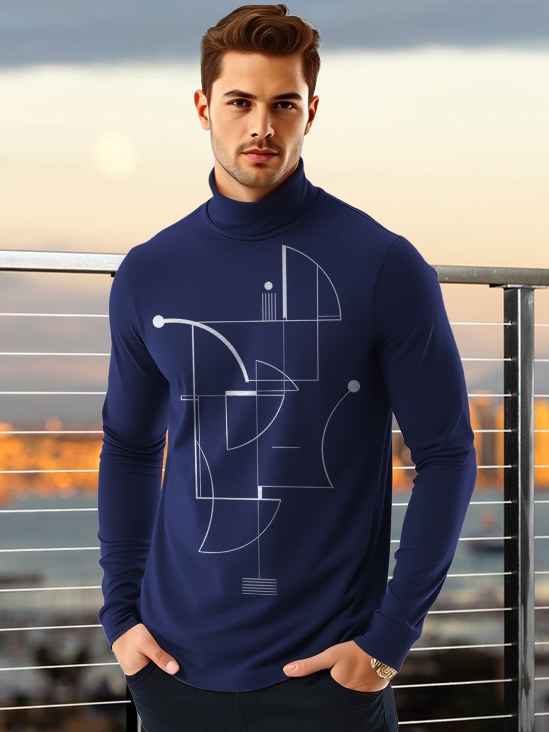 

AUSK Men Geometric Printed High Neck Cotton T-shirt, Blue
