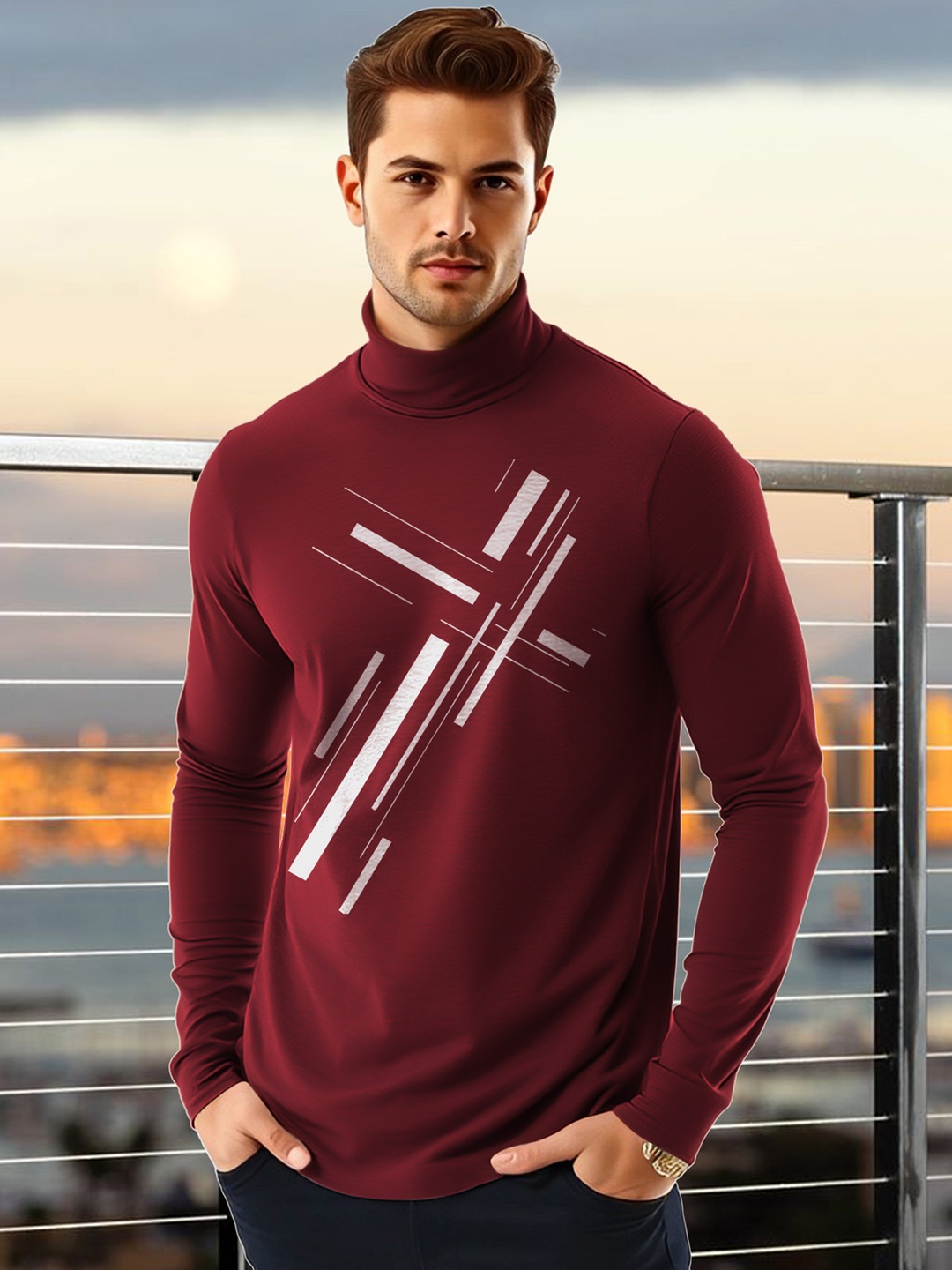 

AUSK Men Geometric Printed High Neck Cotton T-shirt, Maroon