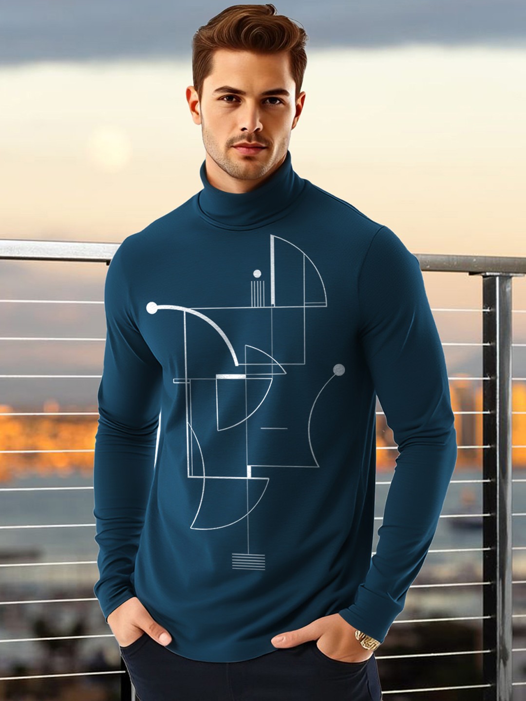 

AUSK Men Geometric Printed High Neck Cotton T-shirt, Teal
