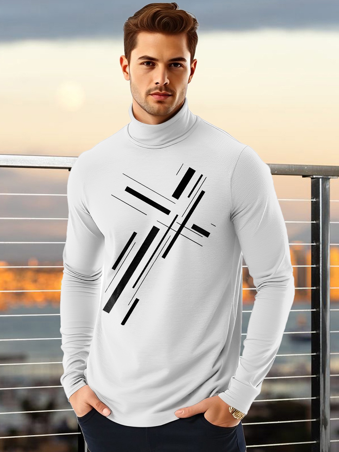 

AUSK Men Geometric Printed High Neck Cotton T-shirt, White