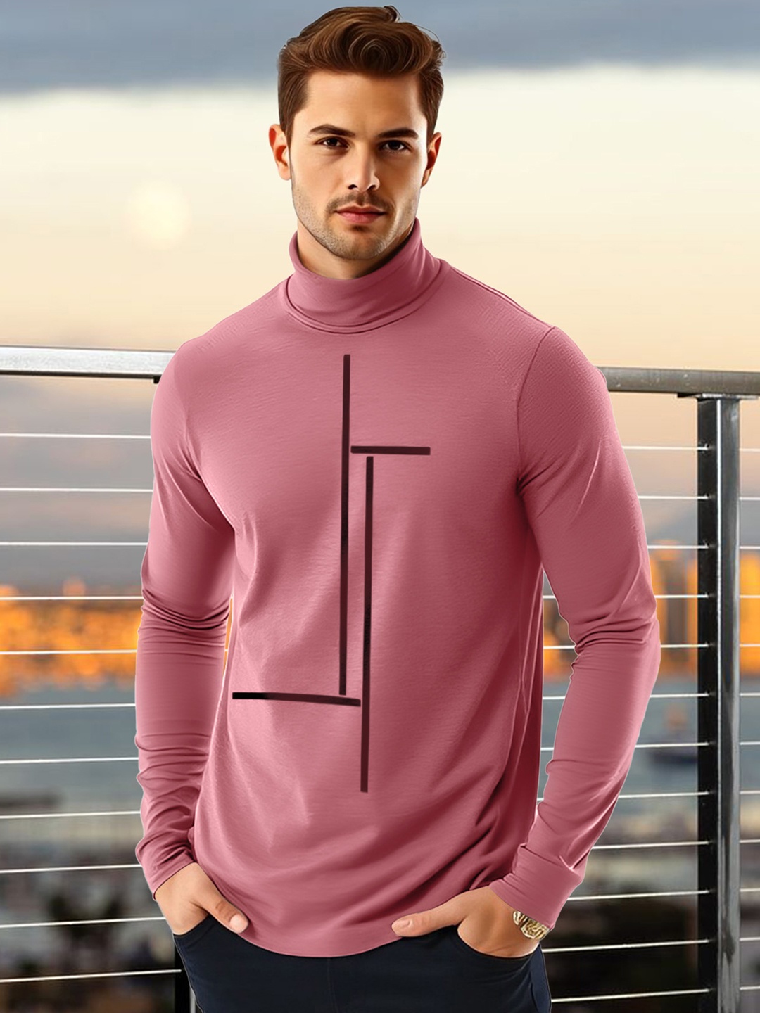 

AUSK Men Striped High Neck Cotton T-shirt, Peach