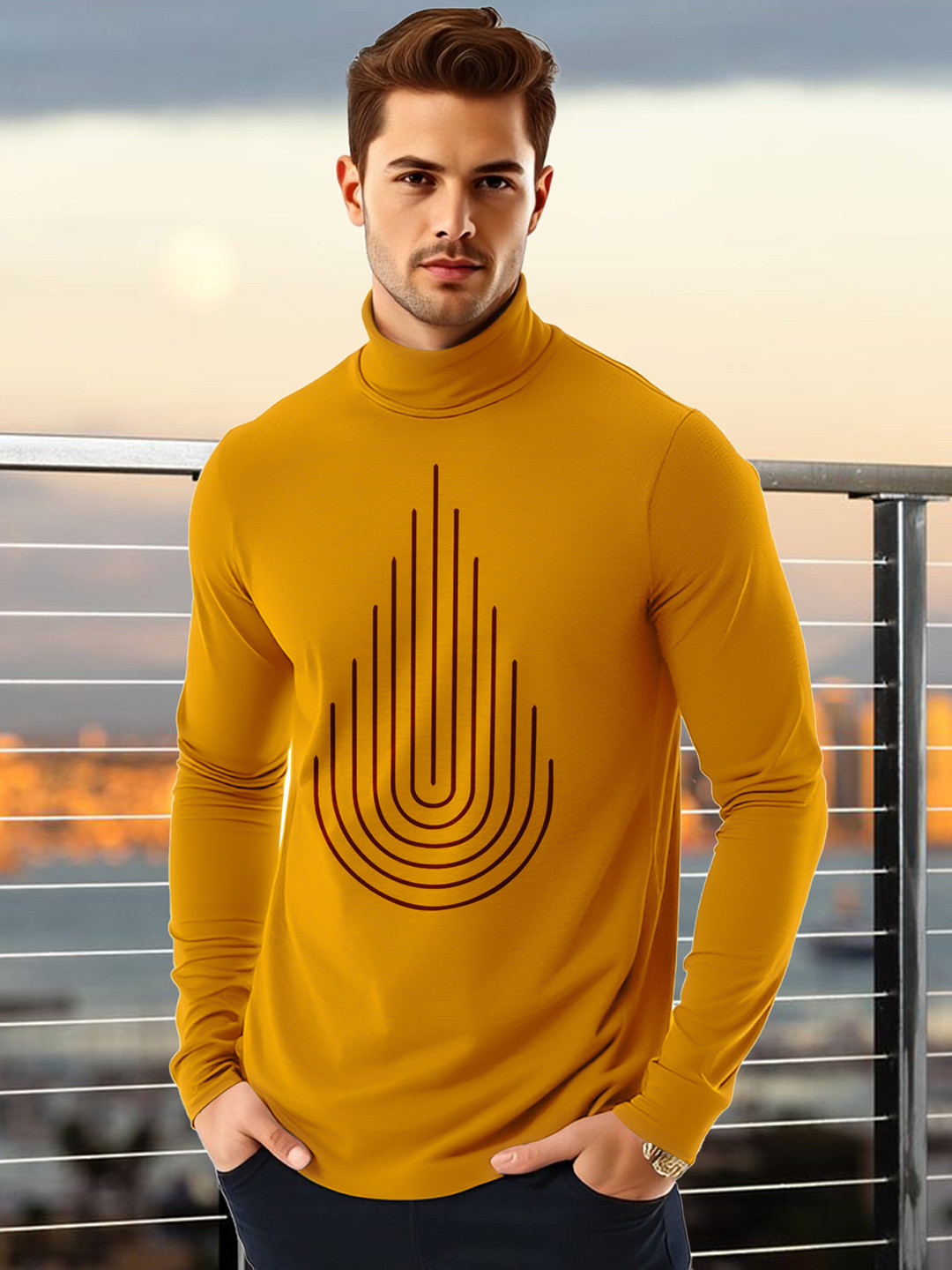 

AUSK Men Geometric Printed High Neck Cotton T-shirt, Mustard