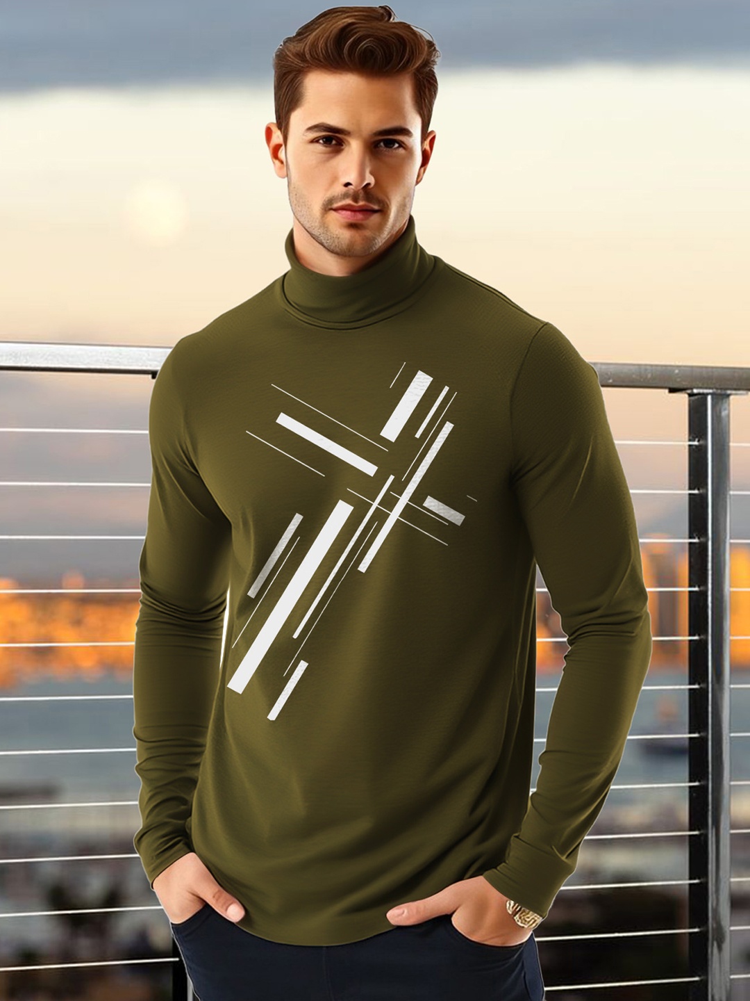 

AUSK Men Geometric Printed High Neck Cotton T-shirt, Olive