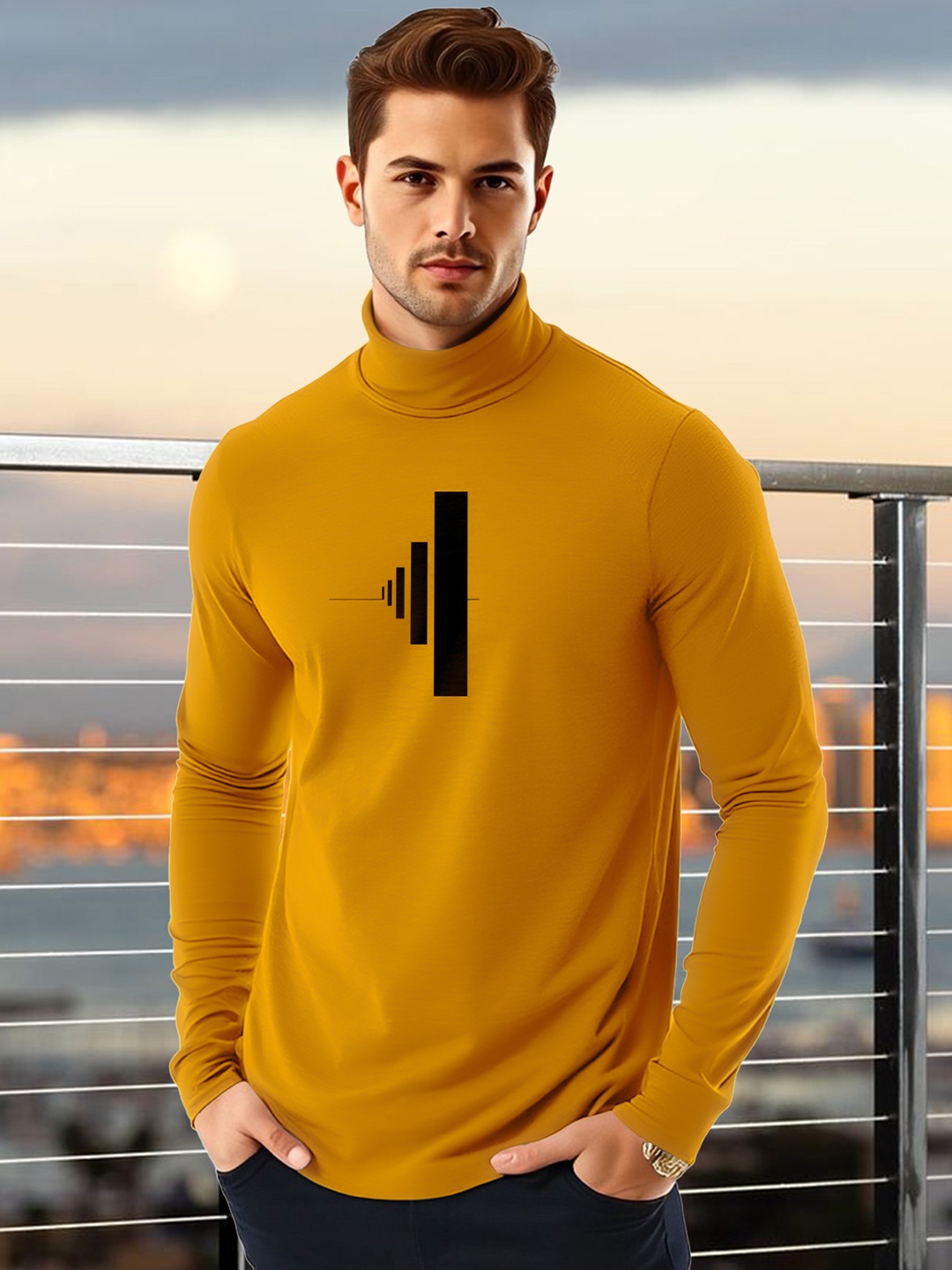 

AUSK Men Geometric Printed High Neck Cotton T-shirt, Mustard