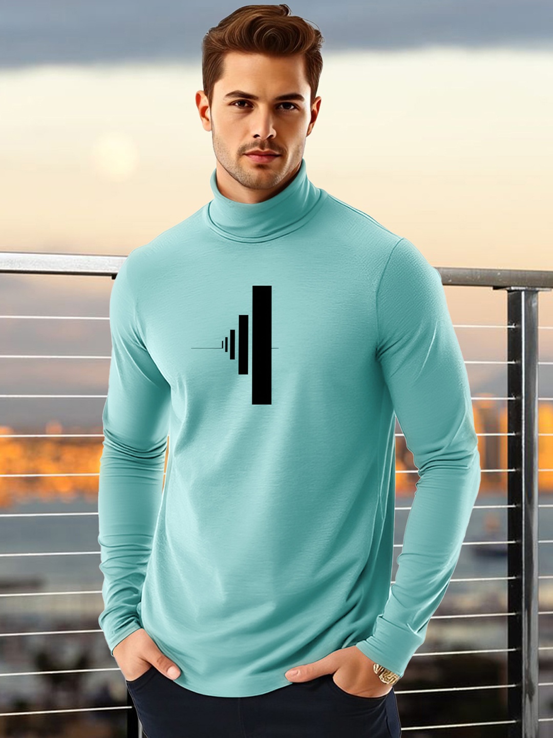 

AUSK Men Geometric Printed High Neck Cotton T-shirt, Sea green