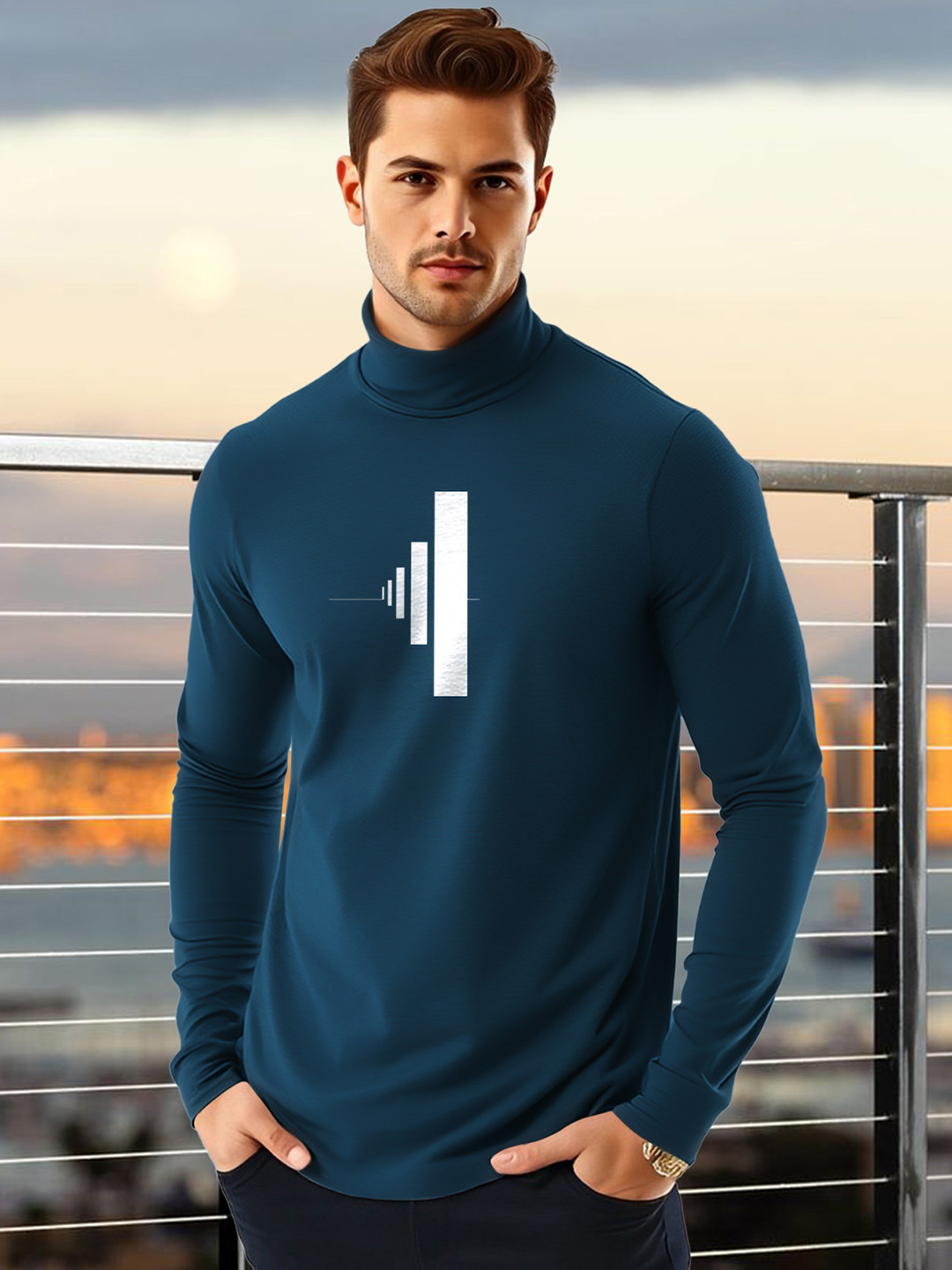 

AUSK Men Geometric Printed High Neck Cotton T-shirt, Teal