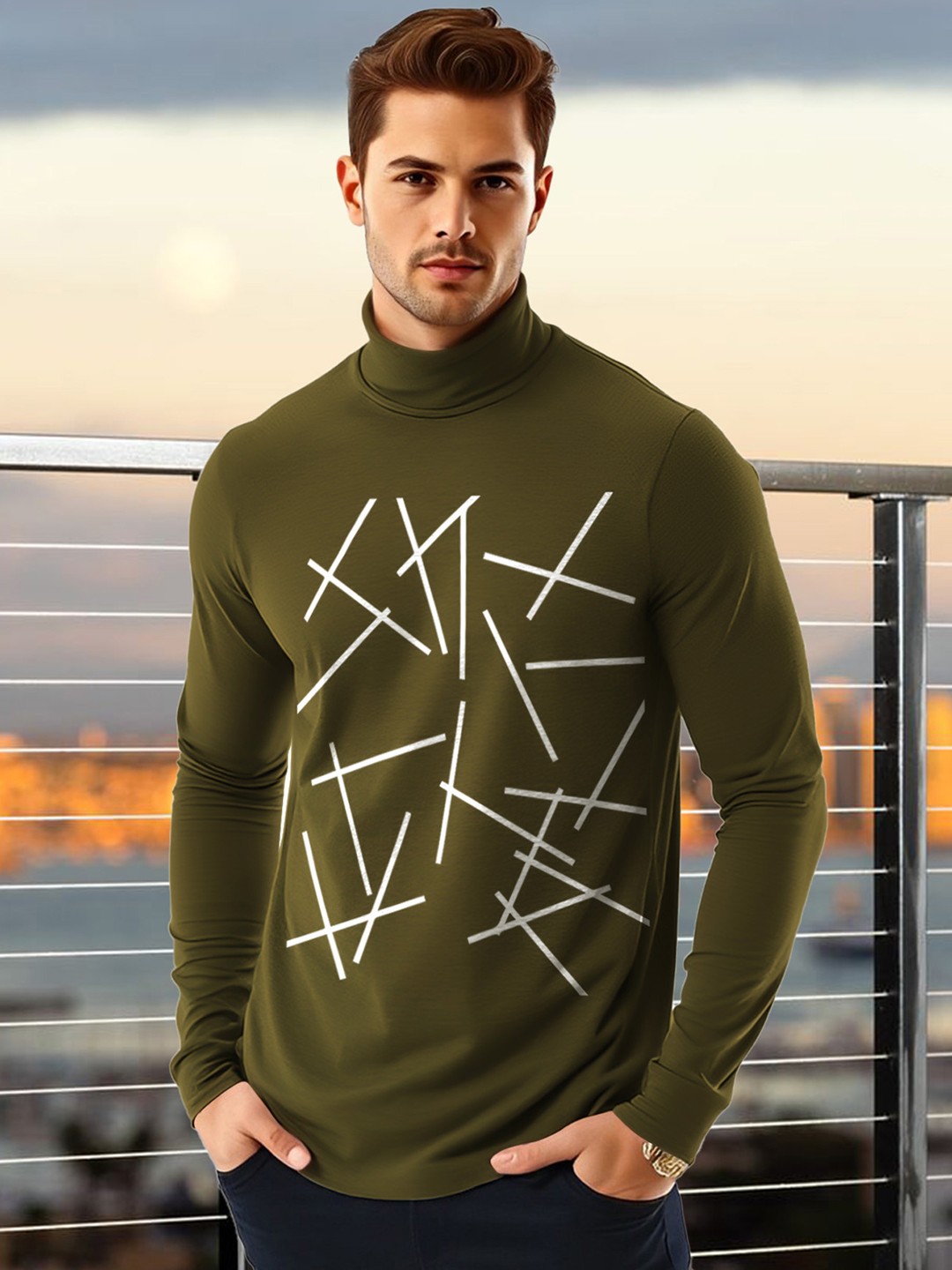 

AUSK Men Geometric Printed High Neck Cotton T-shirt, Olive