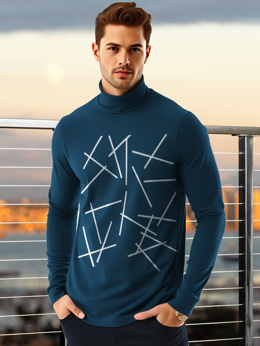 

AUSK Men Geometric Printed High Neck Cotton T-shirt, Teal