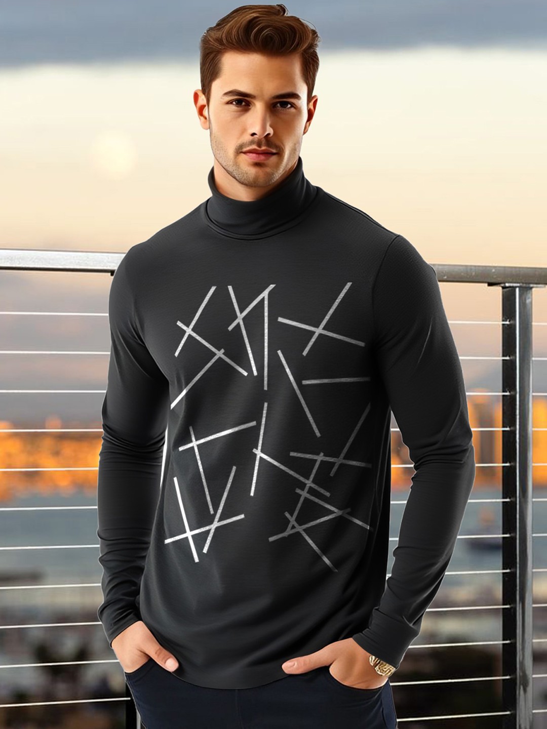 

AUSK Men Geometric Printed High Neck Cotton T-shirt, Black