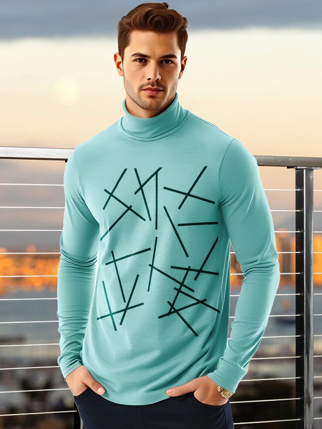 

AUSK Men Geometric Printed High Neck Cotton T-shirt, Sea green