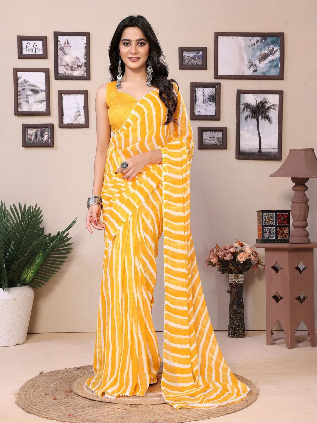 

Anouk Leheriya Printed Ready to Wear Leheriya Saree, Yellow