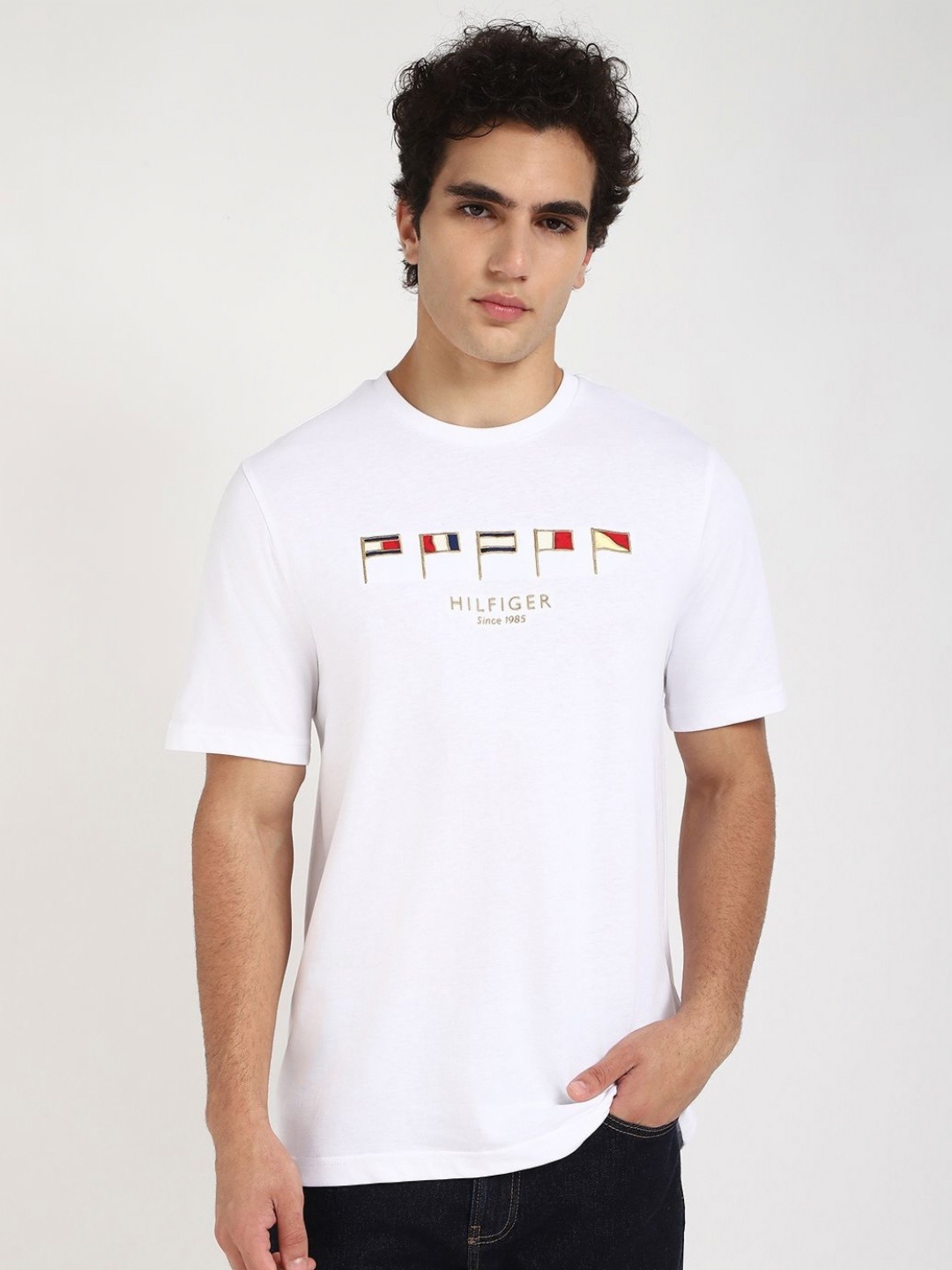 

Tommy Hilfiger Men Graphic Printed Round Neck Cotton T-shirt, White