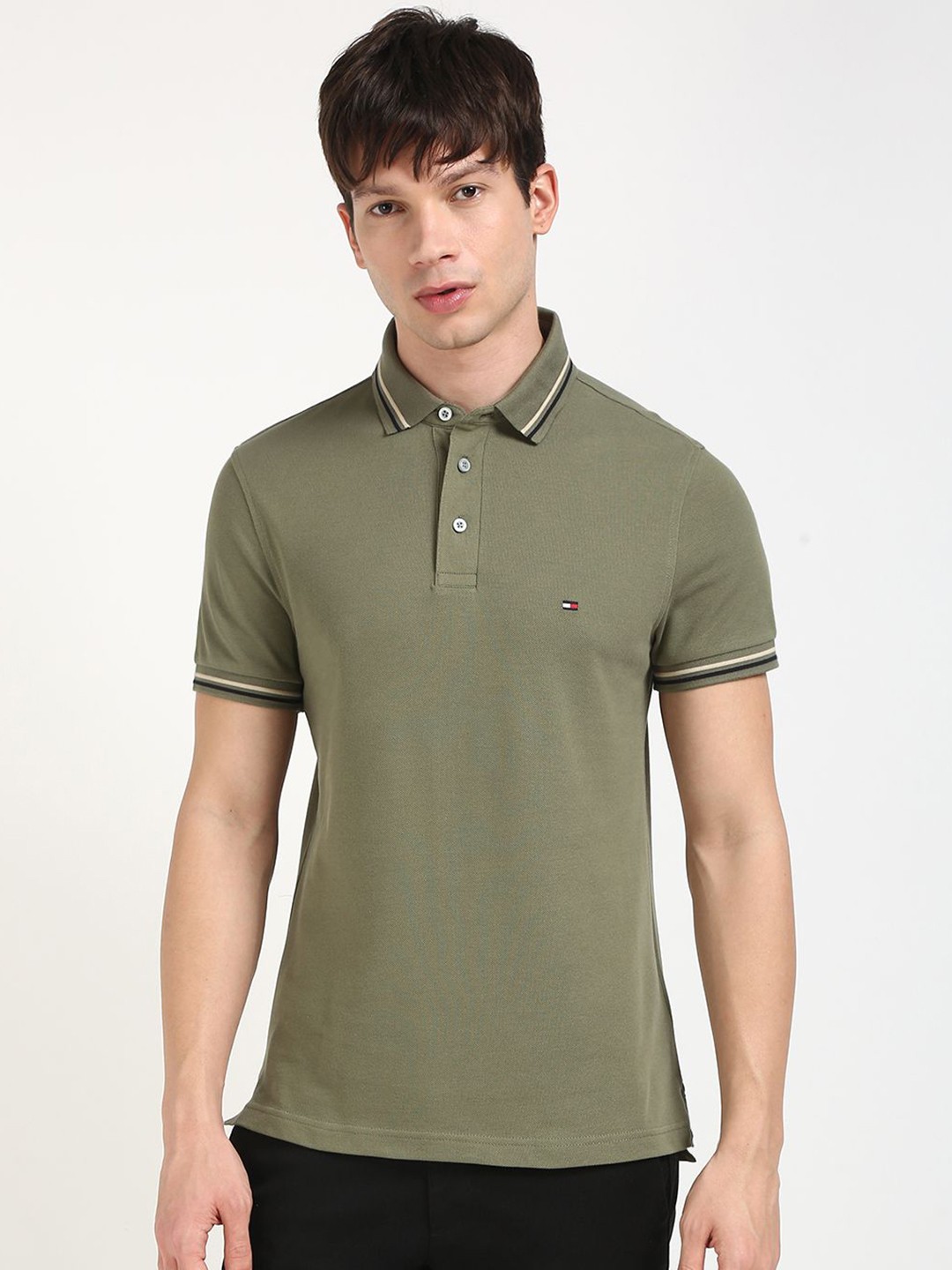 

Tommy Hilfiger Men Solid Polo Collar Cotton T-shirt, Olive