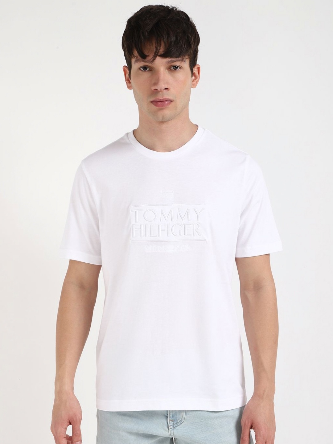 

Tommy Hilfiger Men Typography Printed Round Neck Cotton T-shirt, White
