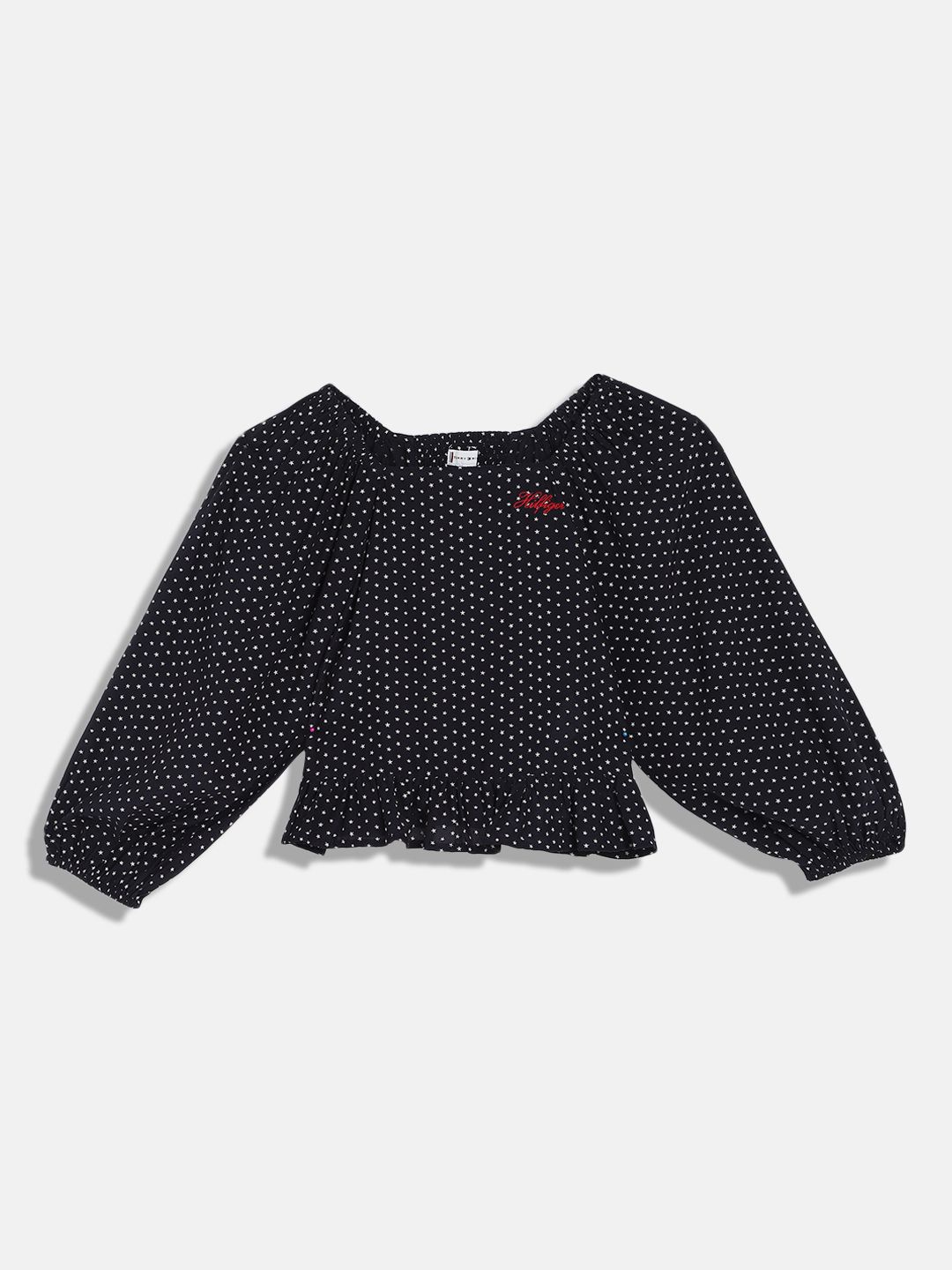 

Tommy Hilfiger Girls Conversational Printed Square Neck Blouson Shirt, Navy blue