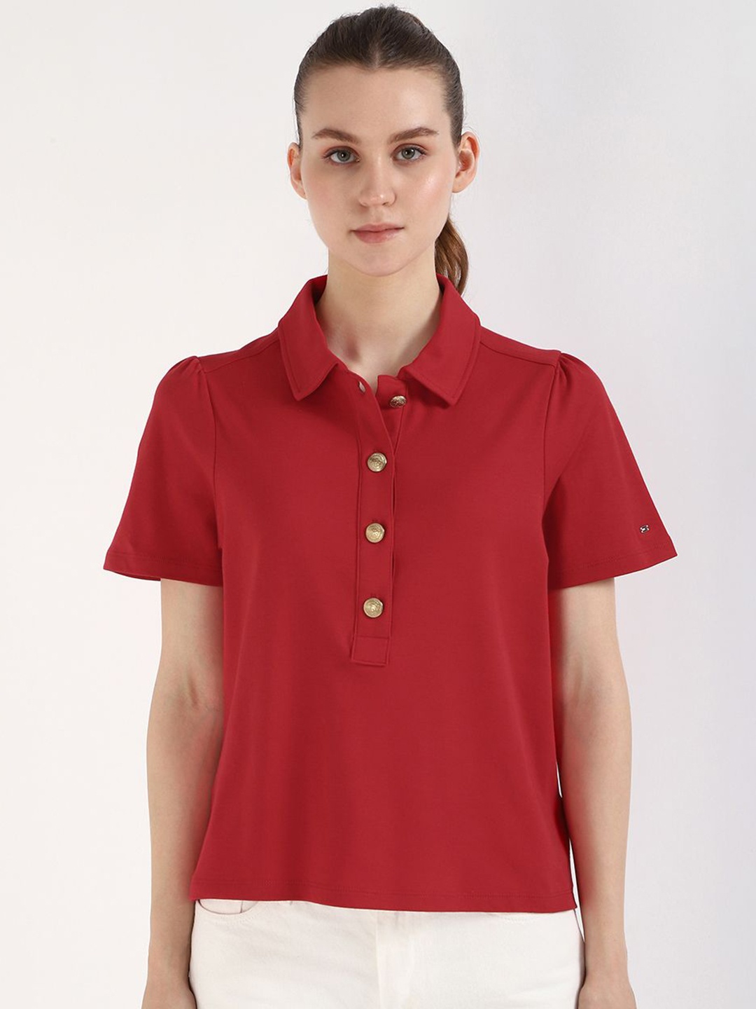 

Tommy Hilfiger Women Solid Polo Collar Cotton T-shirt, Red