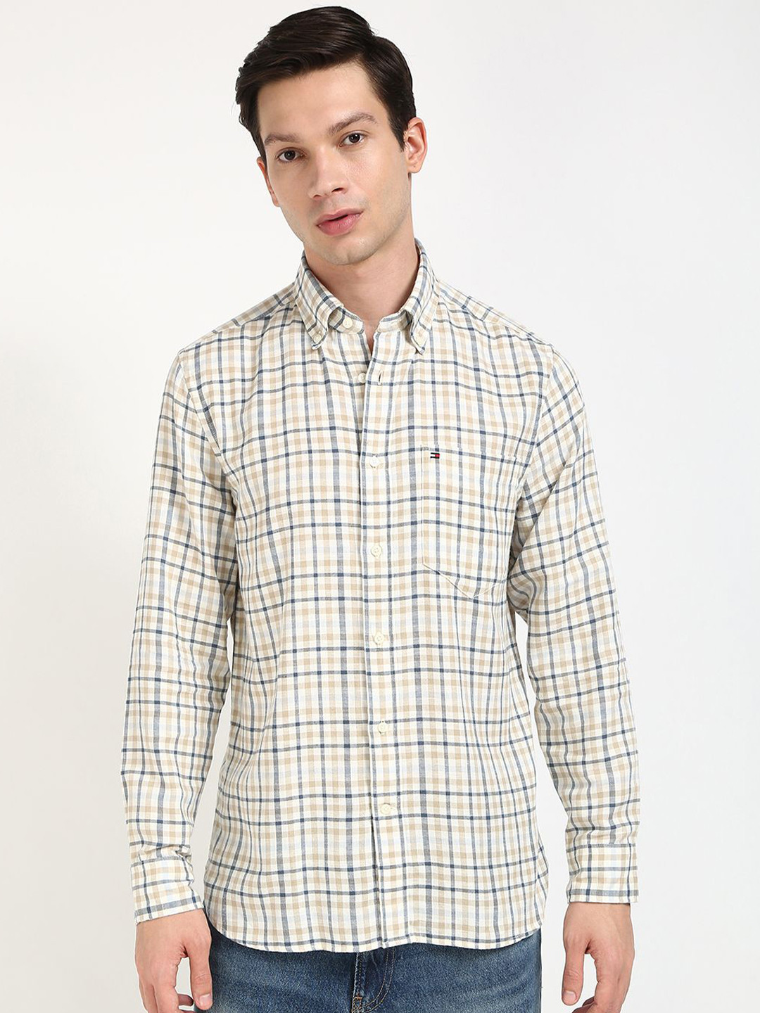 

Tommy Hilfiger Men Button-Down Collar Checked Cotton Casual Shirt, Off white