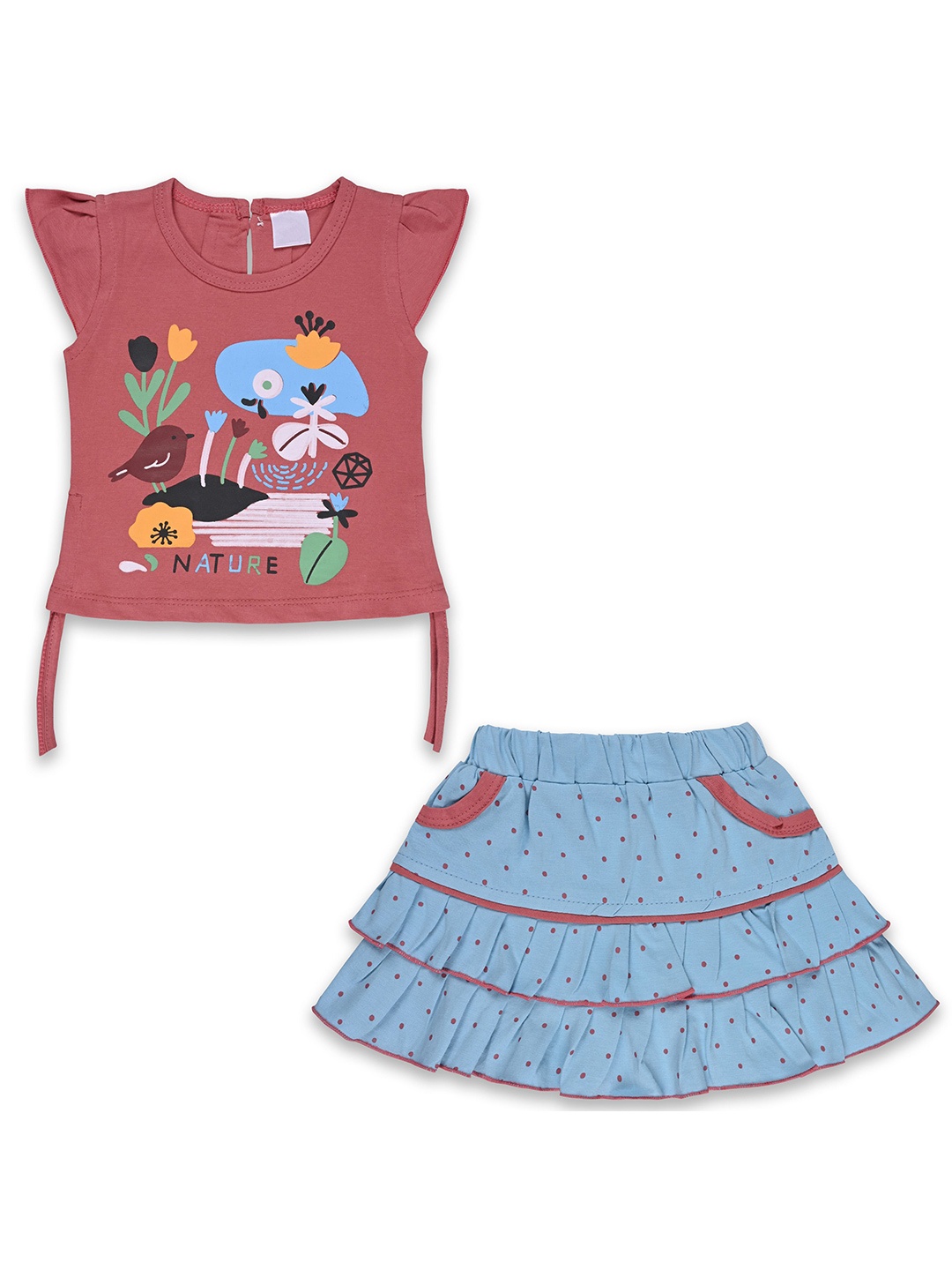 

Wish Karo Girls Printed Round Neck Short Sleeves Top With Skirt, Brown