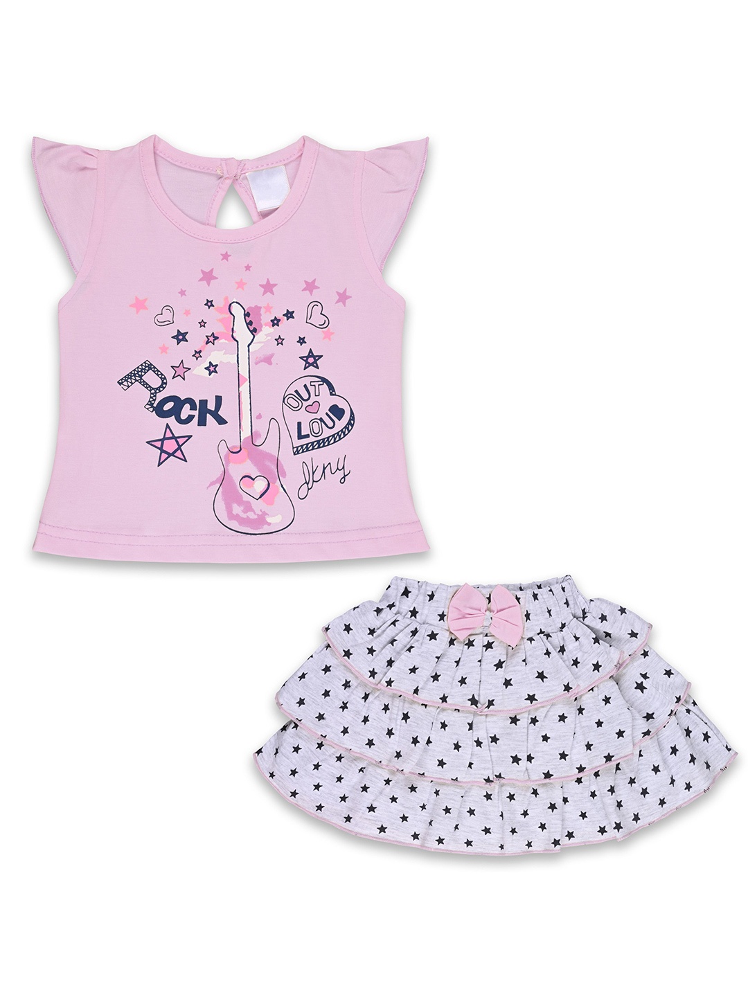 

Wish Karo Girls Printed Round Neck Short Sleeves Top With Skirt, Pink