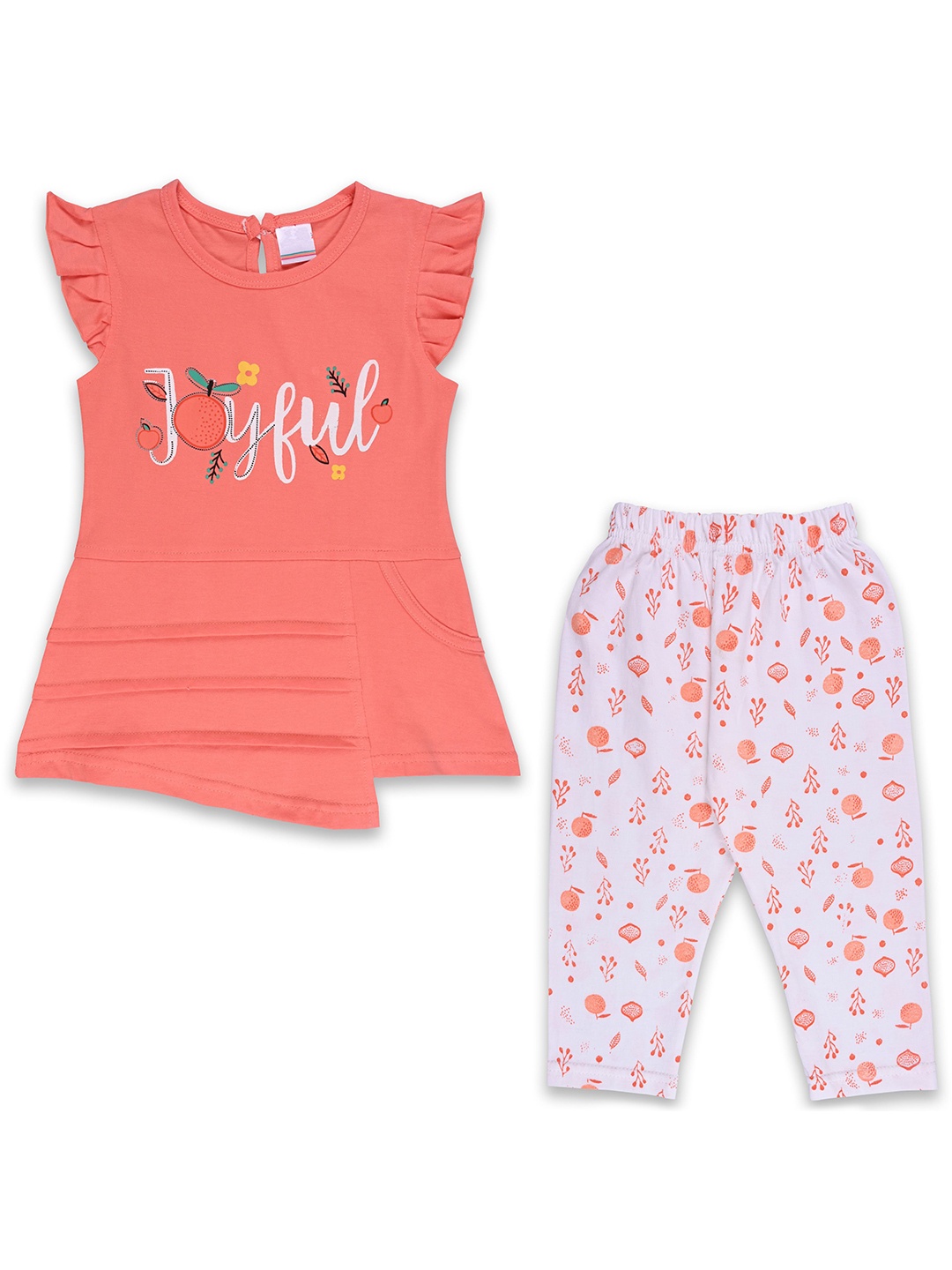 

Wish Karo Girls Printed Round Neck Short Sleeves Top With Pyjama, Peach