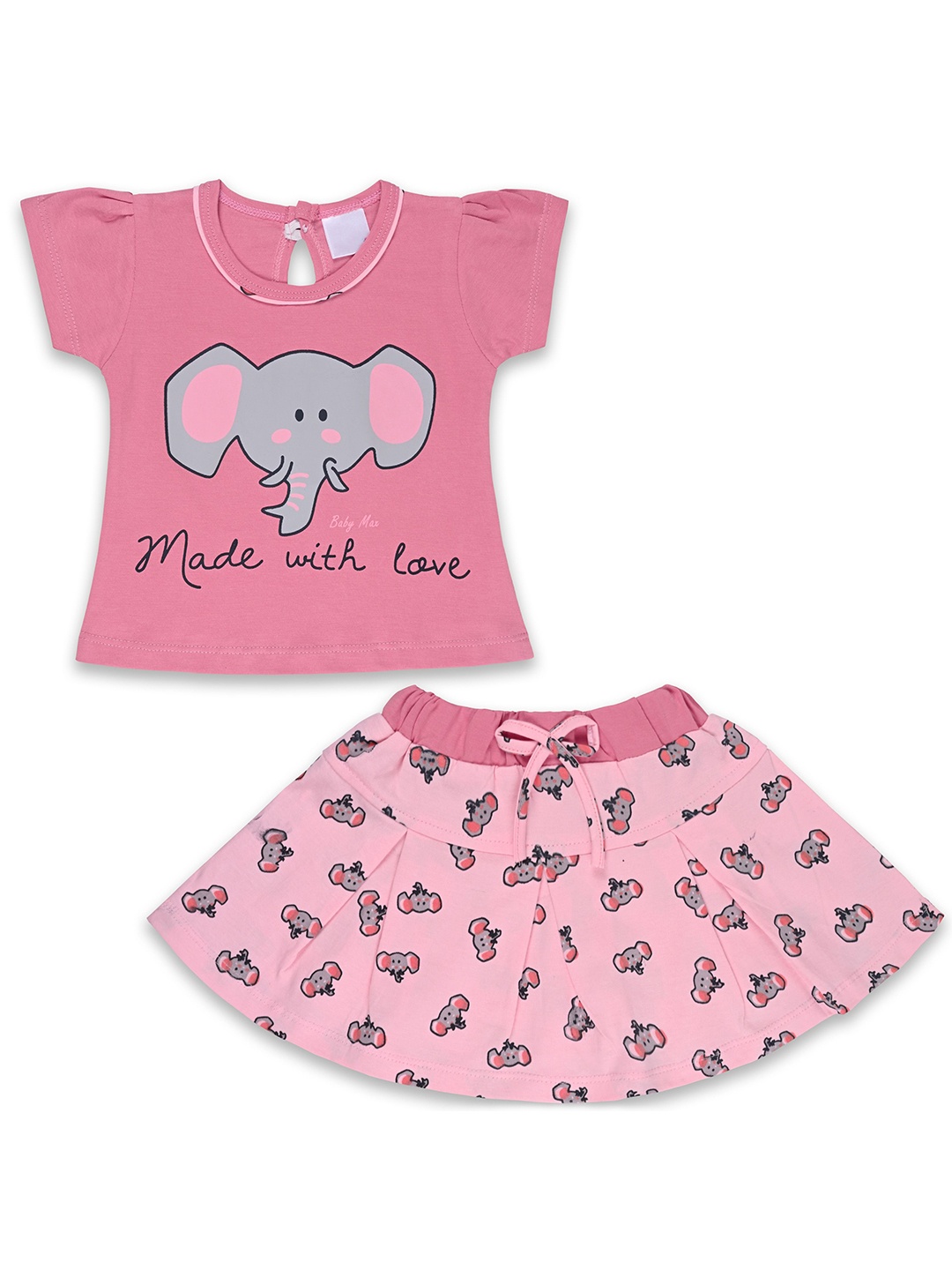 

Wish Karo Girls Printed Round Neck Short Sleeves Top With Skirt, Pink