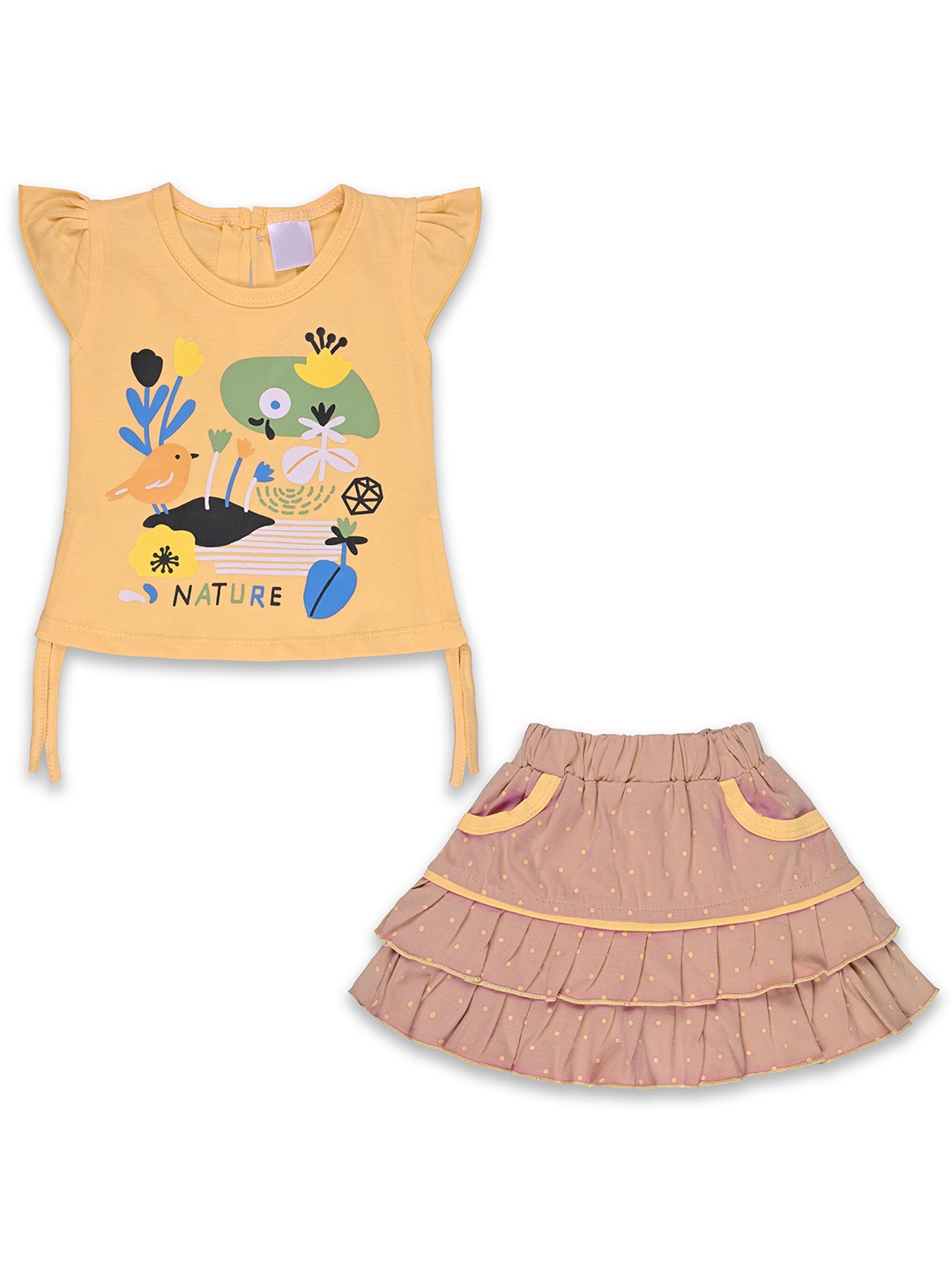 

Wish Karo Girls Printed Round Neck Short Sleeves Top With Skirt, Mustard