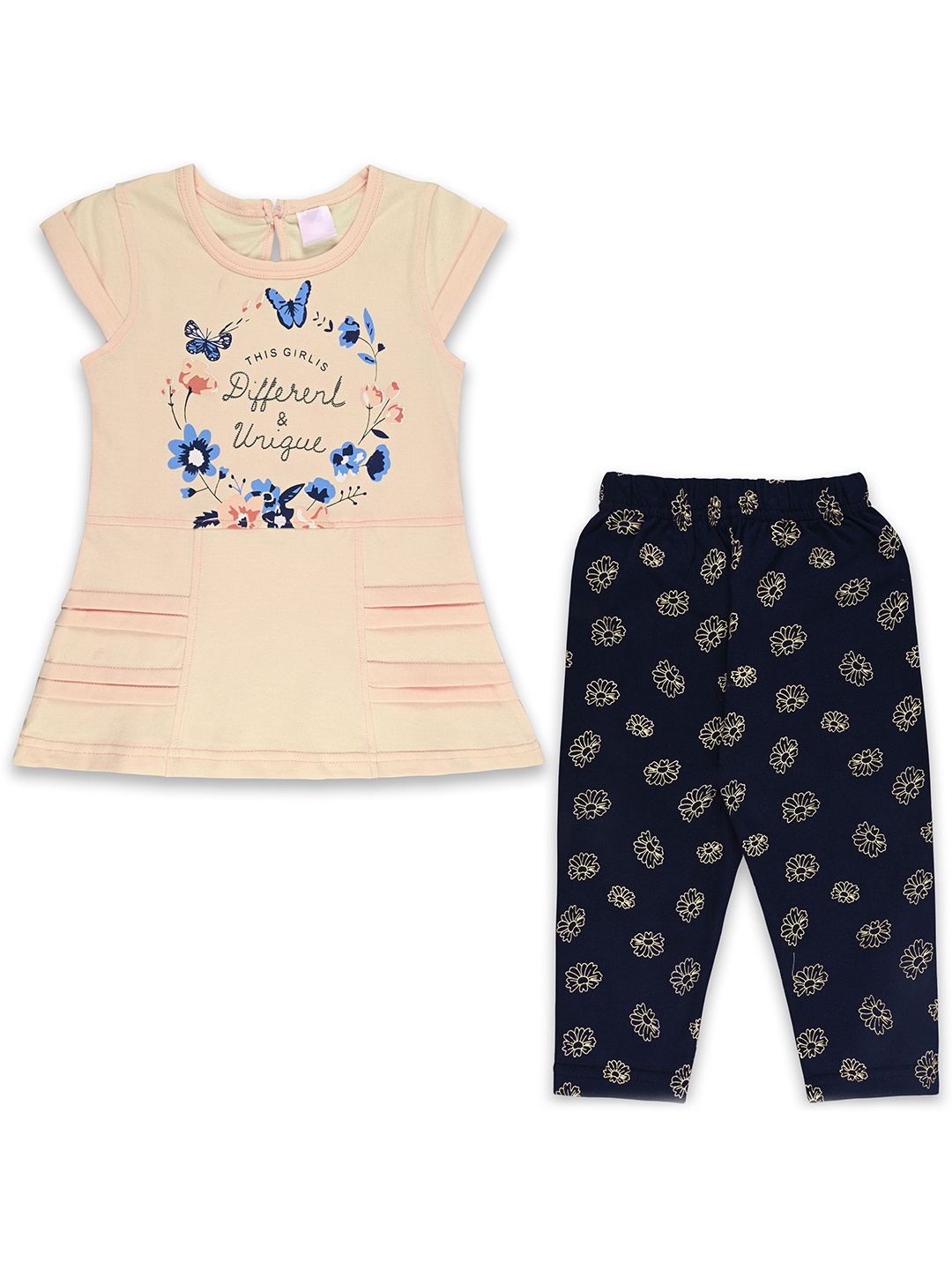 

Wish Karo Girls Printed Round Neck Short Sleeves Top With Pyjama, Peach