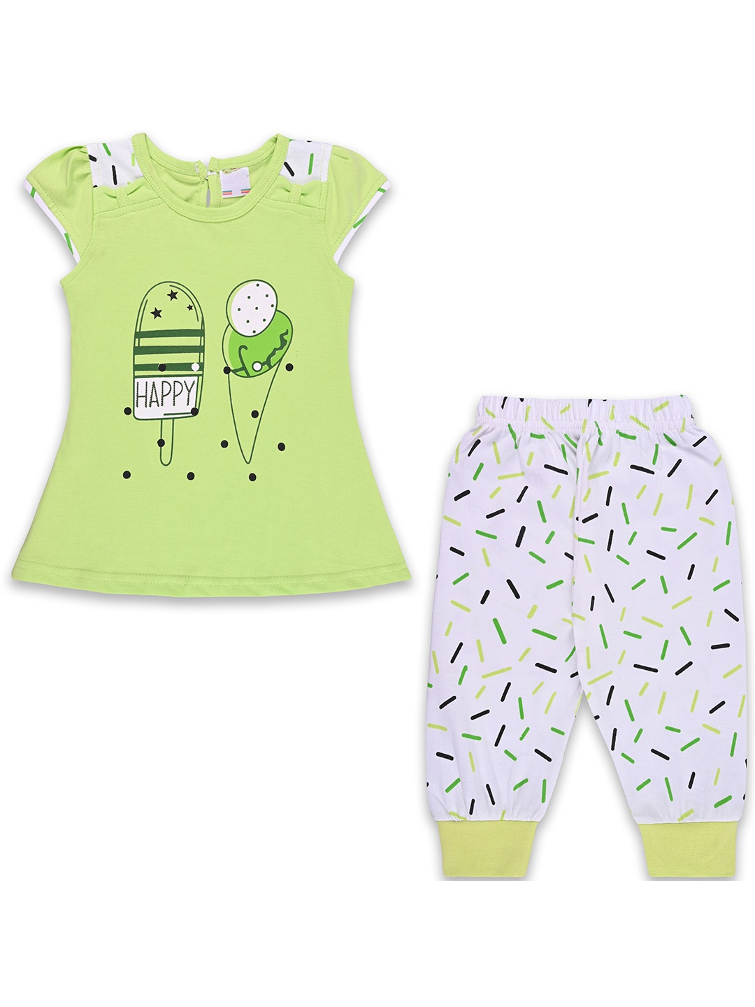 

Wish Karo Girls Printed Round Neck Short Sleeves Top With Pyjama, Green