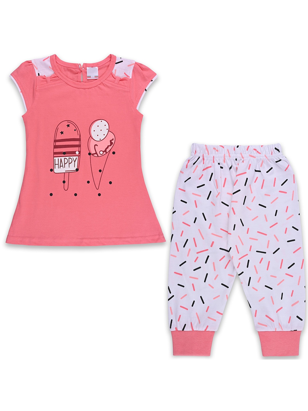 

Wish Karo Girls Printed Round Neck Short Sleeves Top With Pyjama, Peach