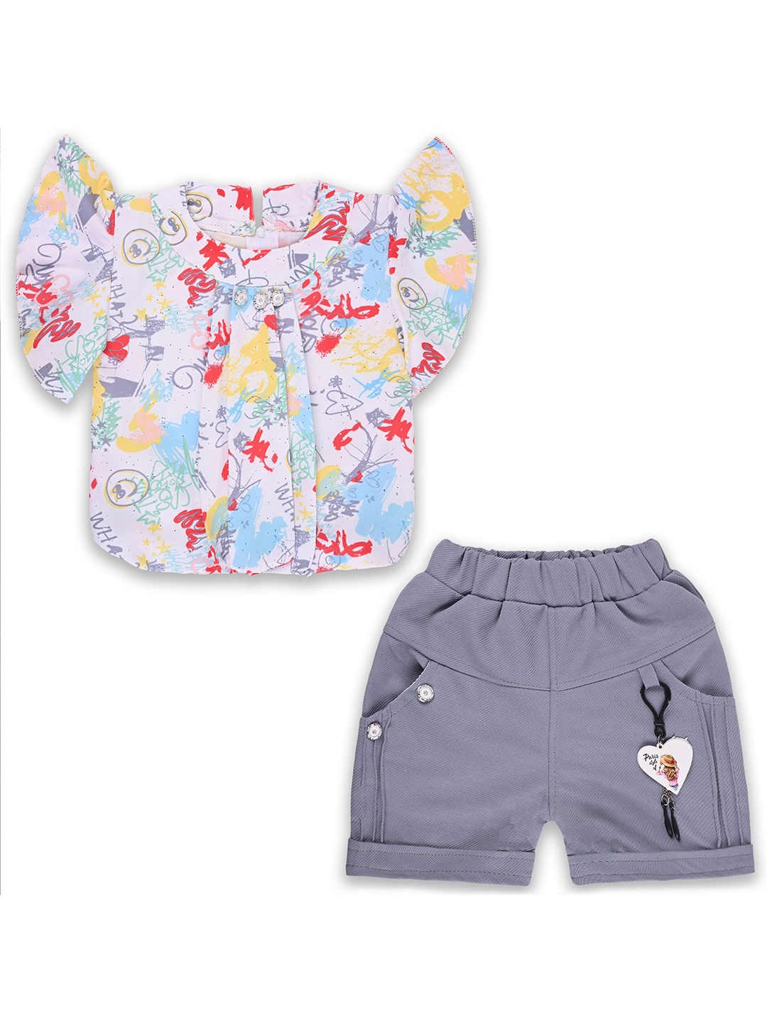 

Wish Karo Girls Printed Round Neck Short Sleeves Top With Shorts, Yellow