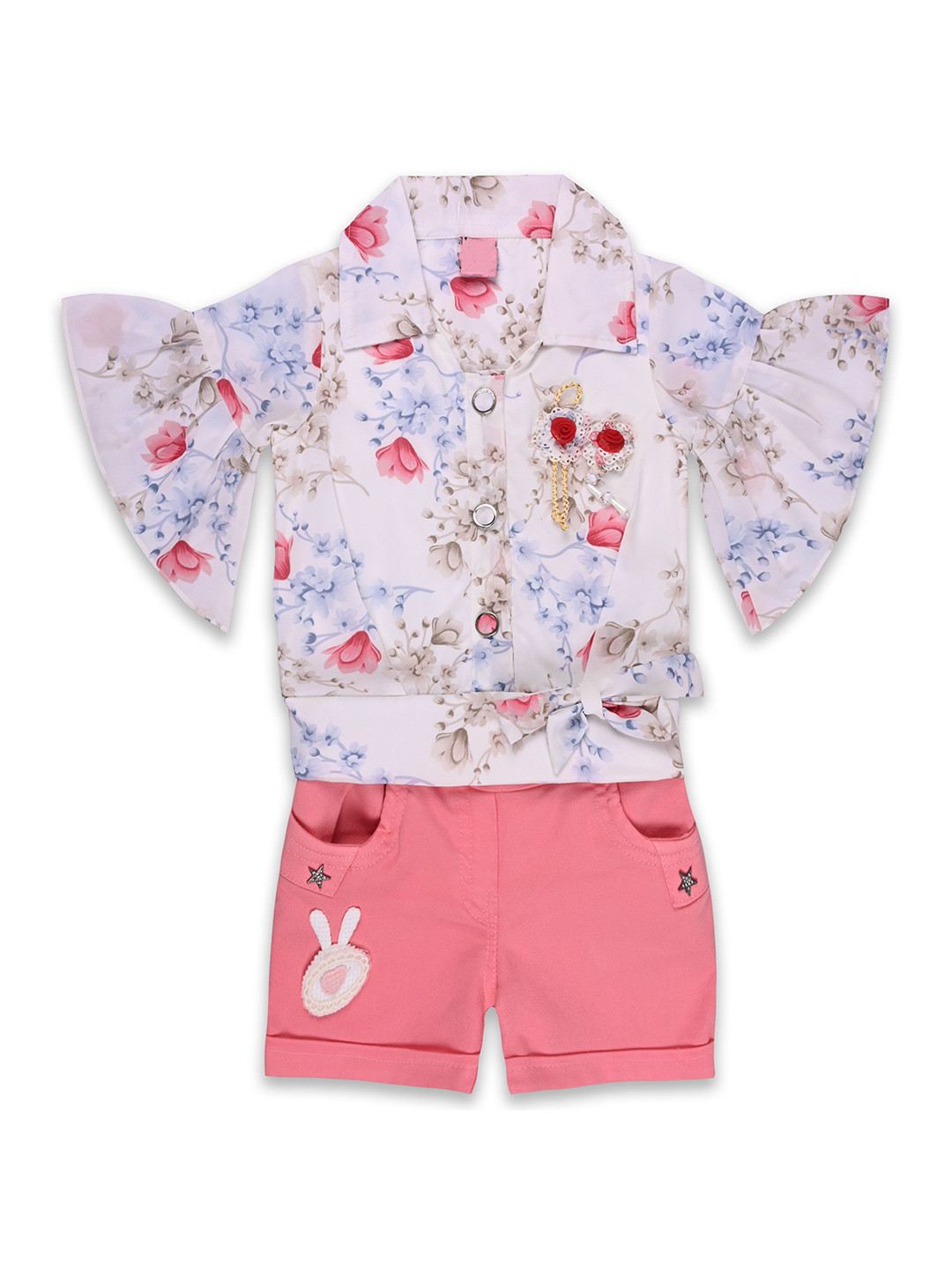 

Wish Karo Girls Printed Shirt Collar Three-Quarter Sleeves Top With Shorts, Peach