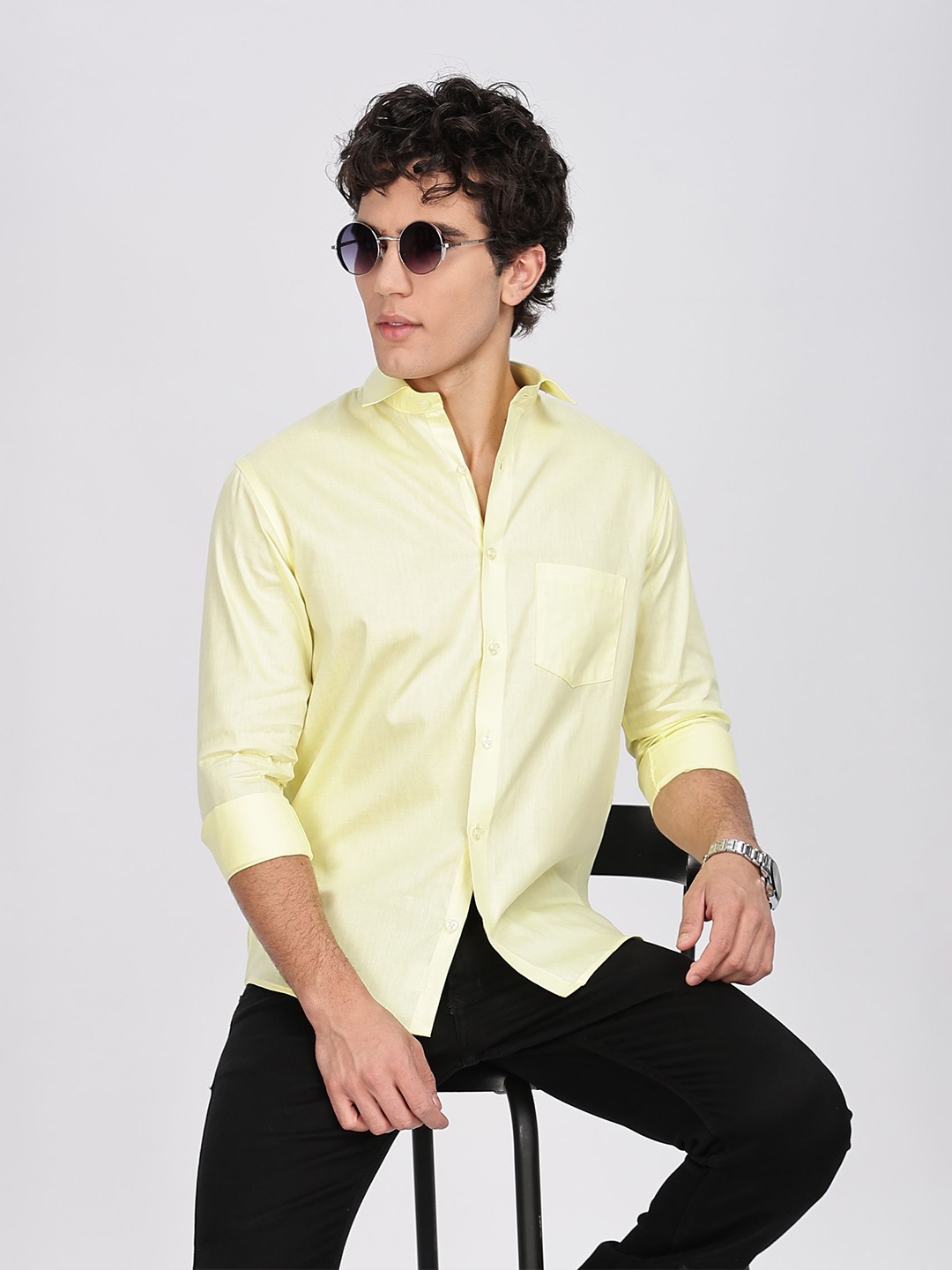 

BRUTTLYN Men Classic Spread Collar Solid Cotton Casual Shirt, Yellow