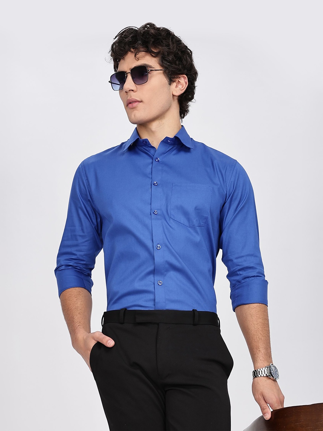 

BRUTTLYN Men Classic Spread Collar Solid Cotton Casual Shirt, Blue