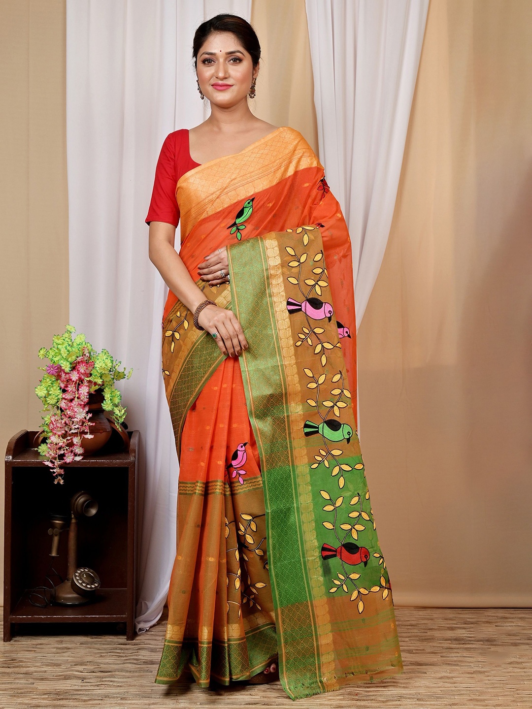 

DipDiya Ethnic Motifs Pure Cotton Handloom Taant Saree, Orange