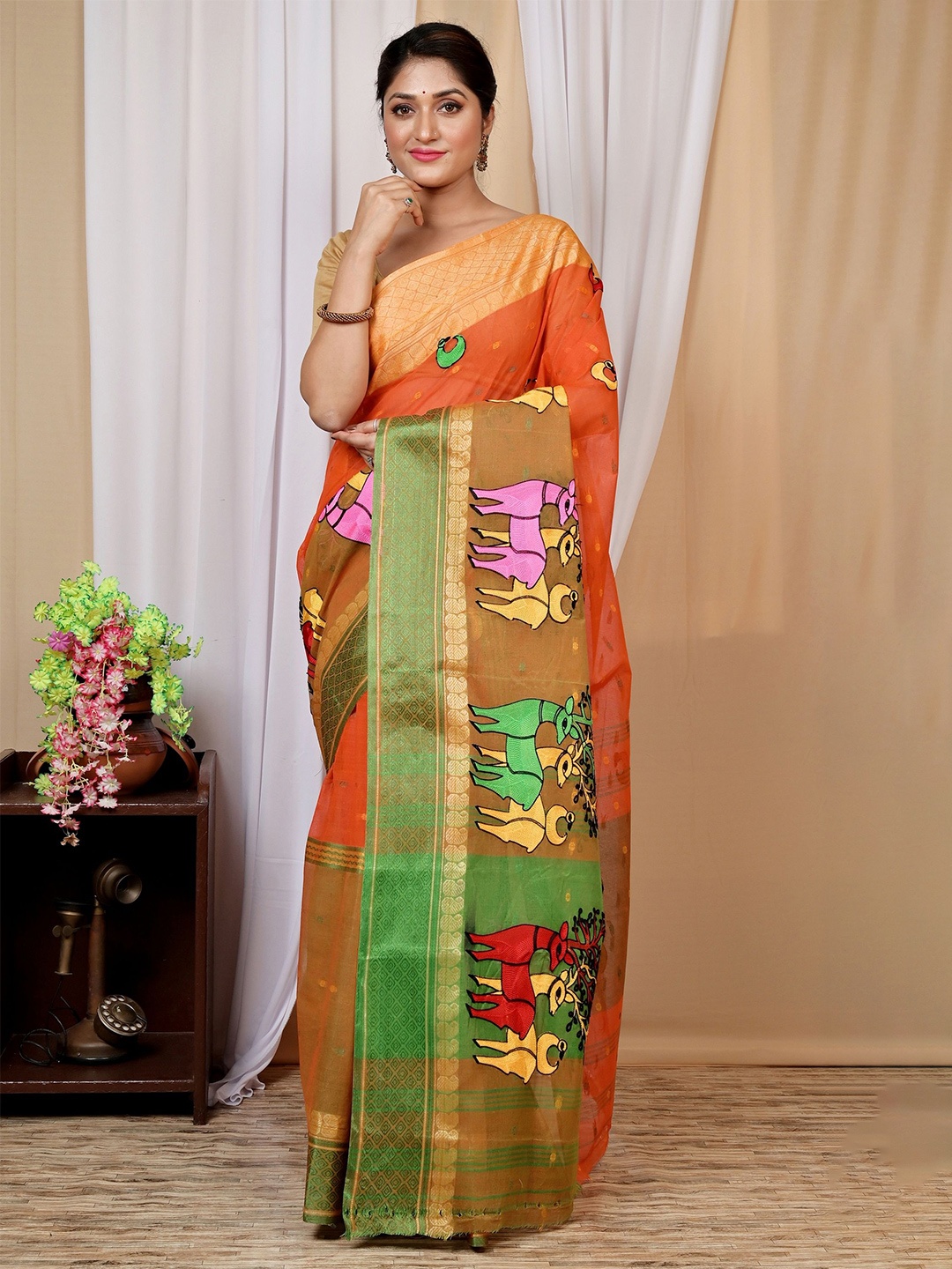 

DipDiya Woven Design Zari Pure Cotton Taant Saree, Orange