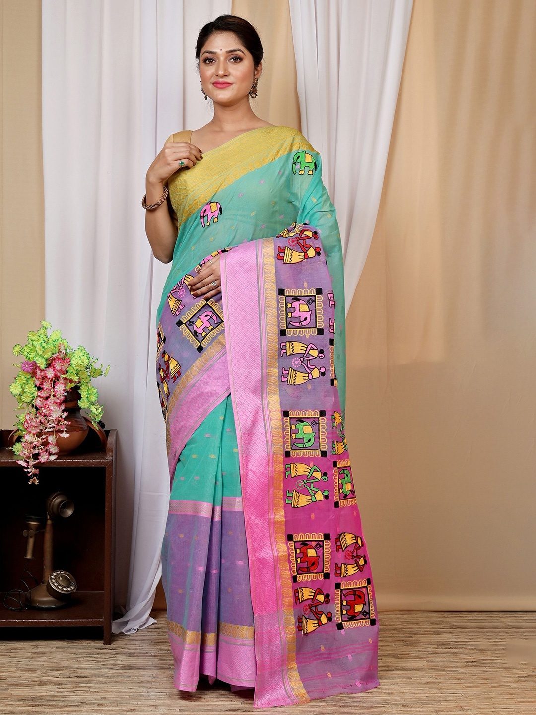 

DipDiya Embi Ganga Gajo Pure Cotton Embroidery Taant Saree, Green