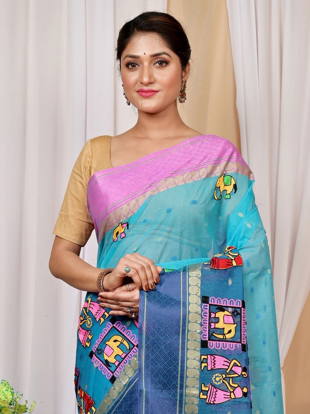 

DipDiya Ethnic Motifs Pure Cotton Taant Saree, Blue