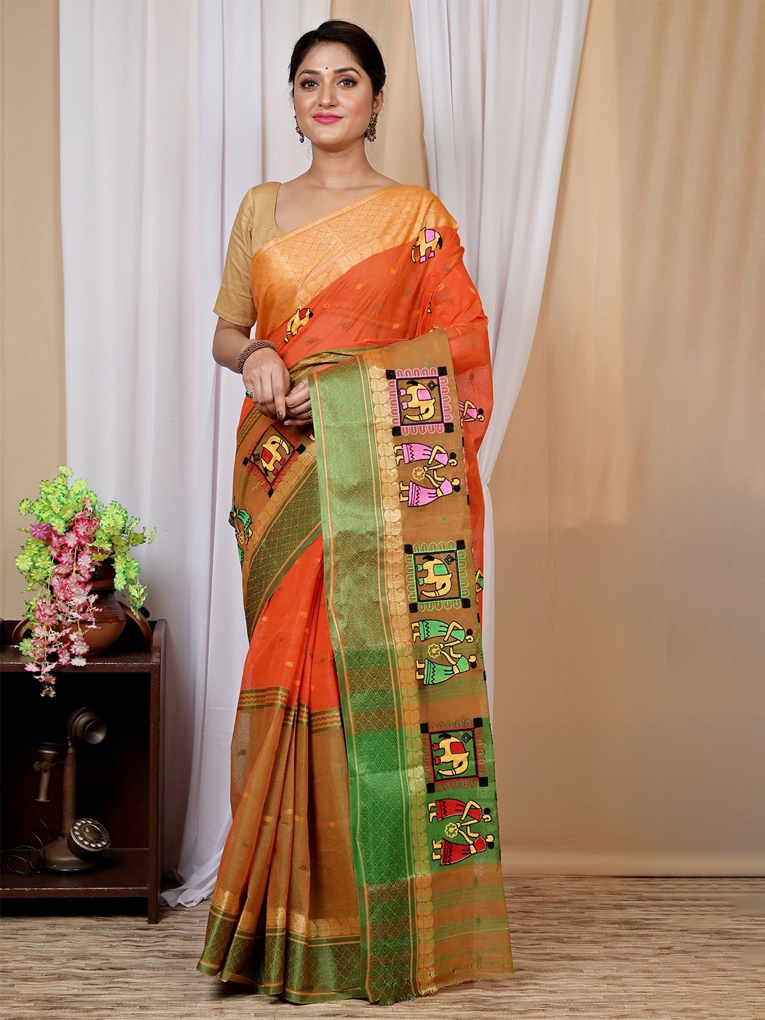 

DipDiya Ethnic Motifs Zari Pure Cotton Taant Saree, Orange