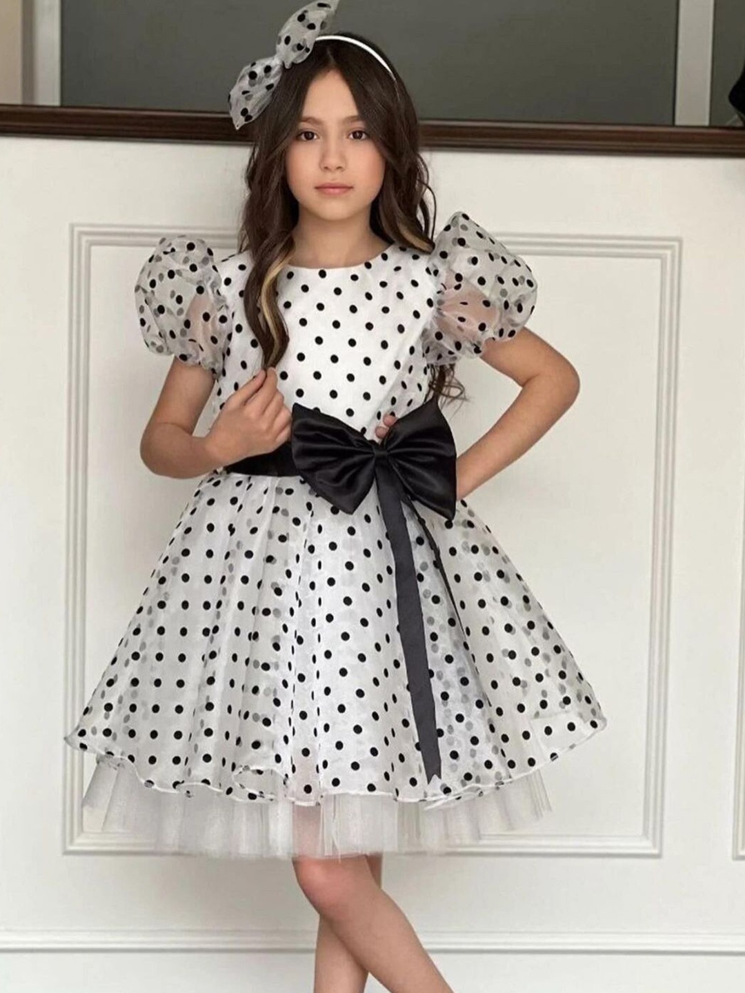 

Miss & Chief Girls Polka Dot Print Net Fit and Flare Dress, White