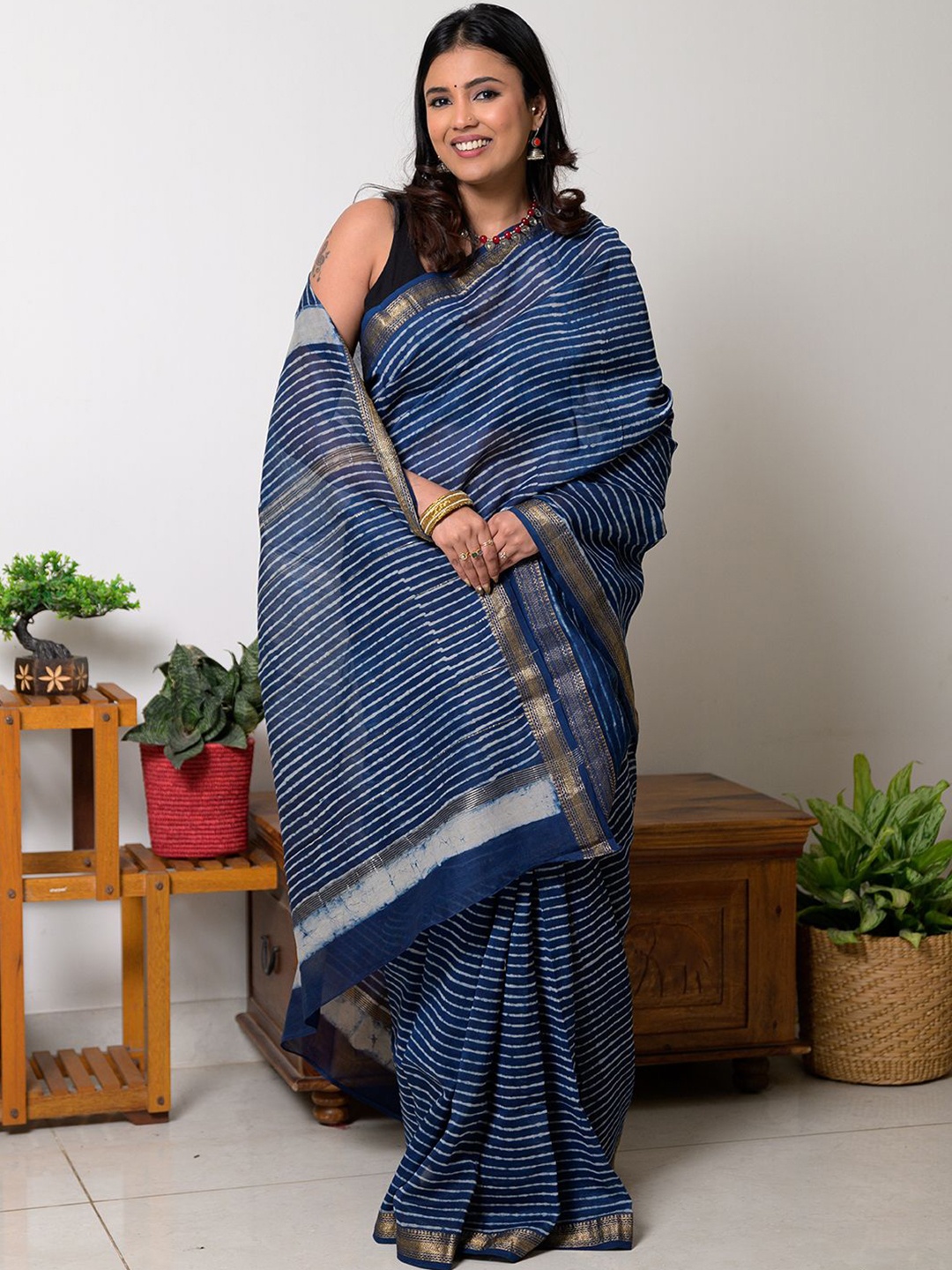 

Weaves of Tradition Striped Zari Maheshwari Saree, Blue